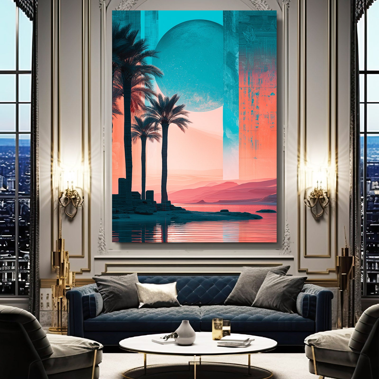 Palm Sunset Gradient Egyptian Prints – styled in a furnished interior