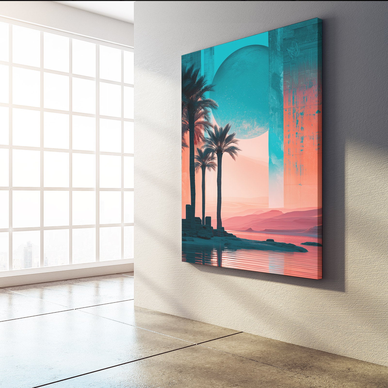 Palm Sunset Gradient Egyptian Prints – styled in a furnished interior
