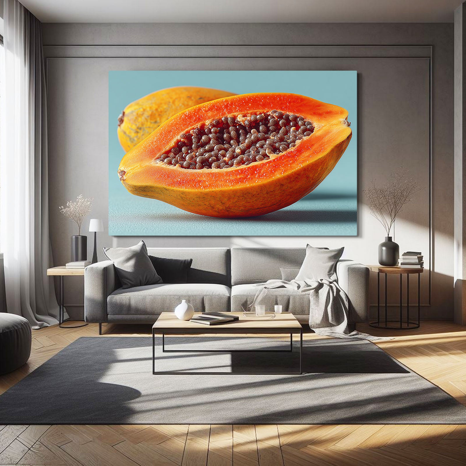 Papaya Half Bright Fruit Canvas – styled in a furnished interior
