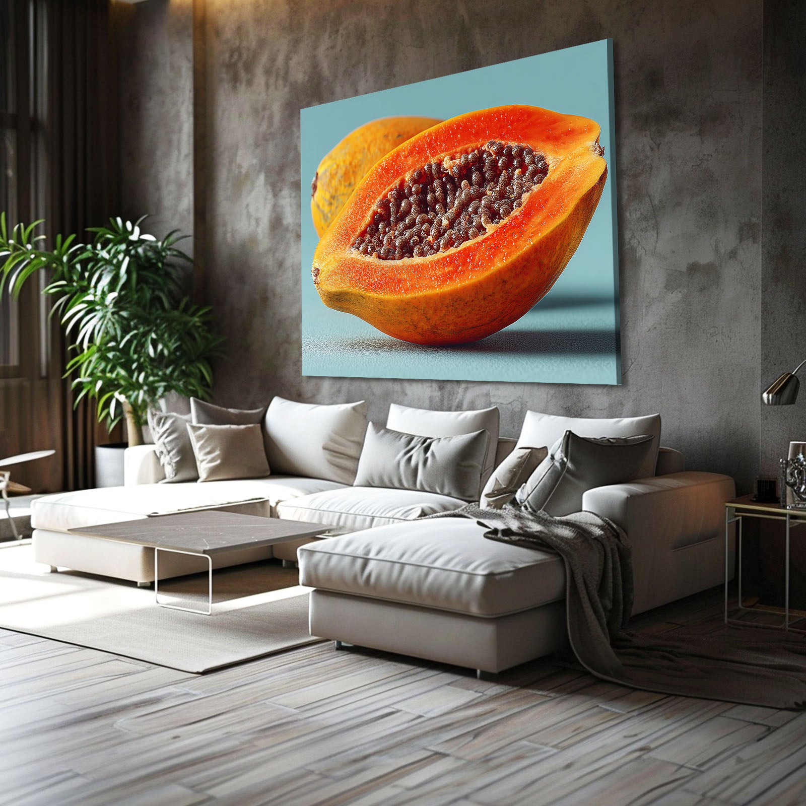 Papaya Half Bright Fruit Canvas – styled in a furnished interior