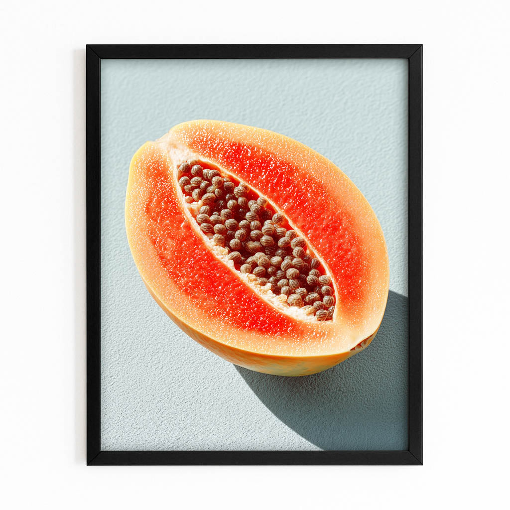 Papaya Half Teal Fruit Art – with Premium Black frame on white background