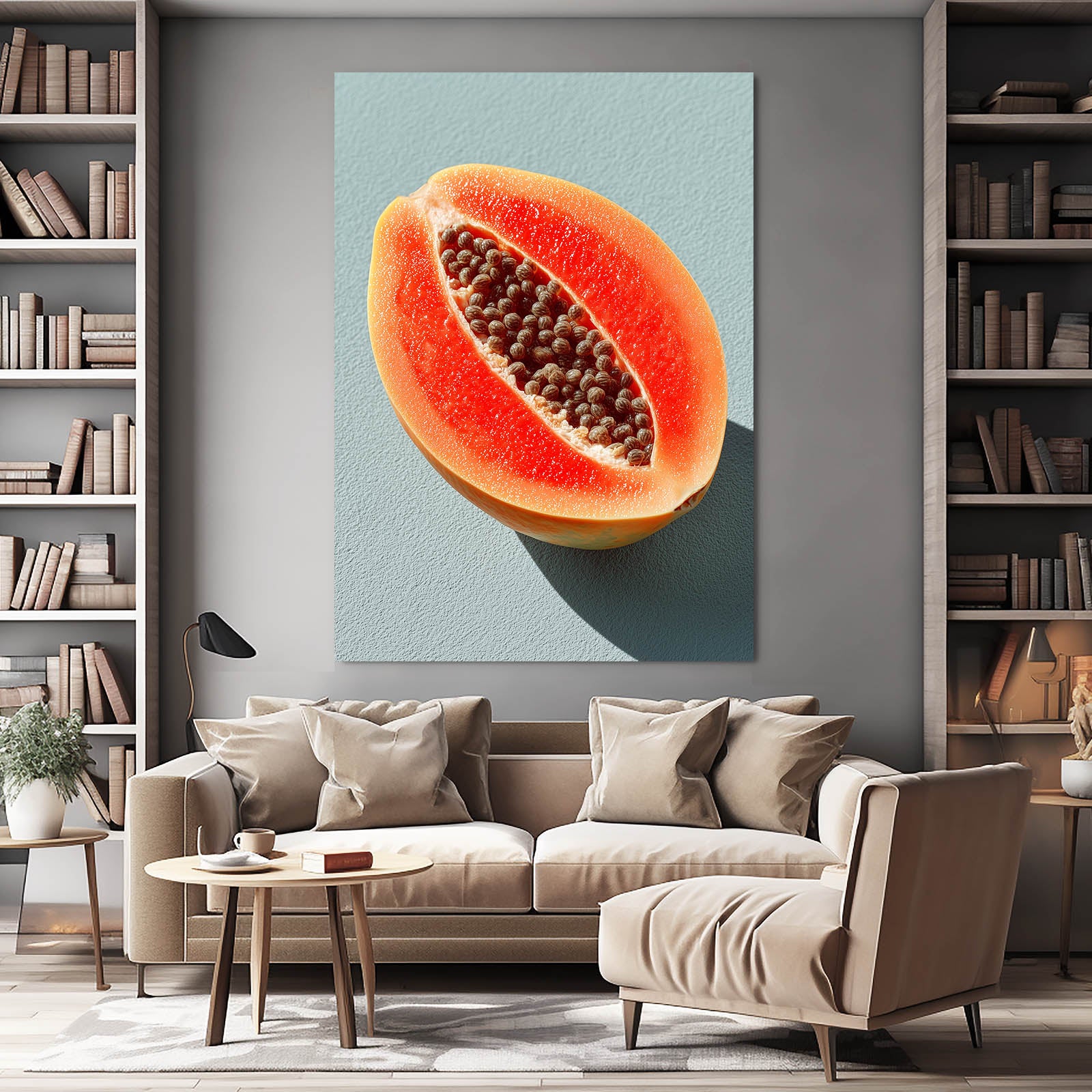 Papaya Half Teal Fruit Art – styled in a furnished interior