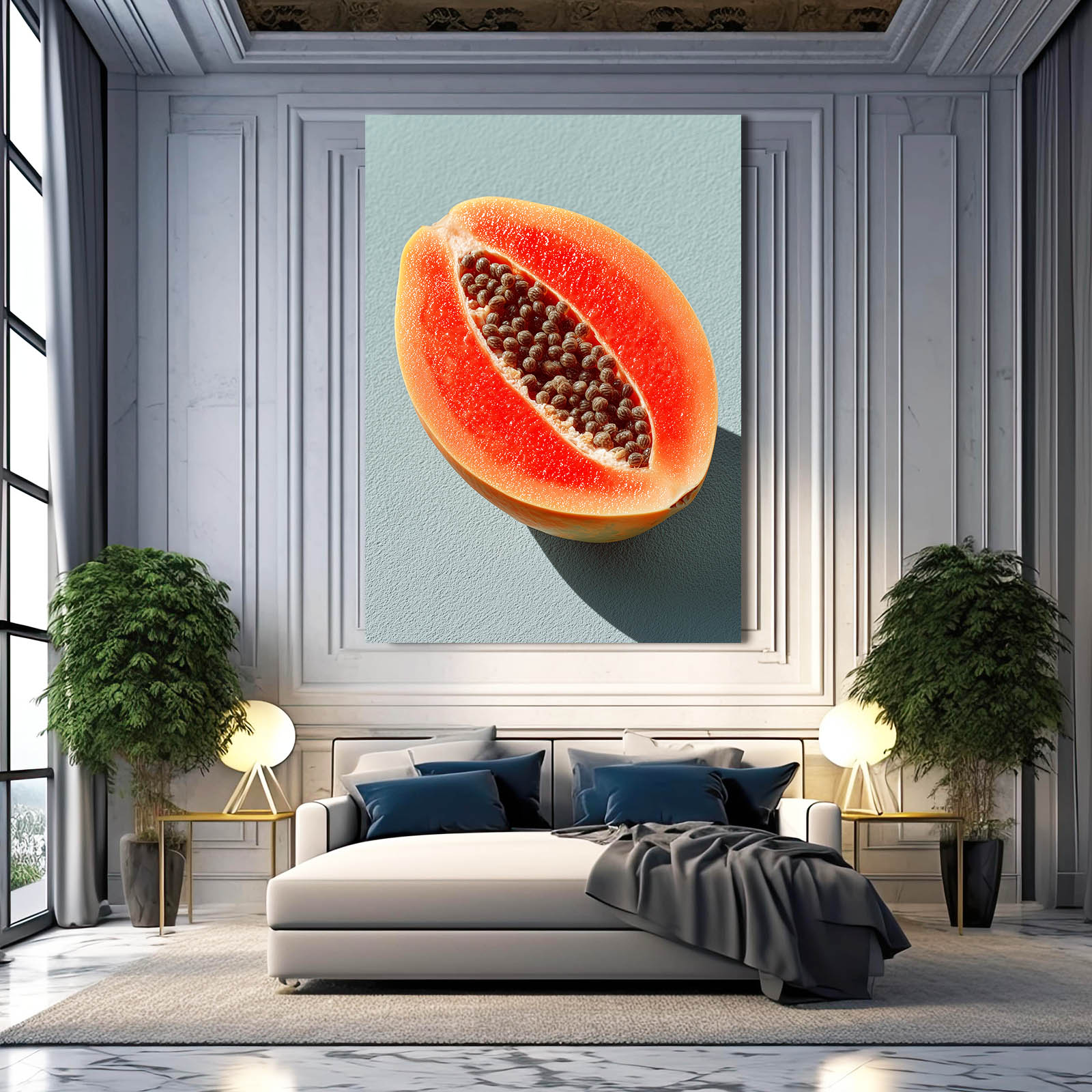 Papaya Half Teal Fruit Art – styled in a furnished interior