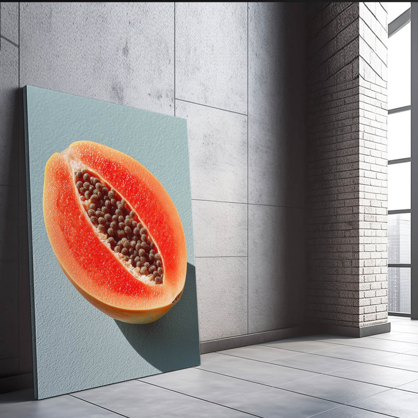 Papaya Half Teal Fruit Art – styled in a furnished interior