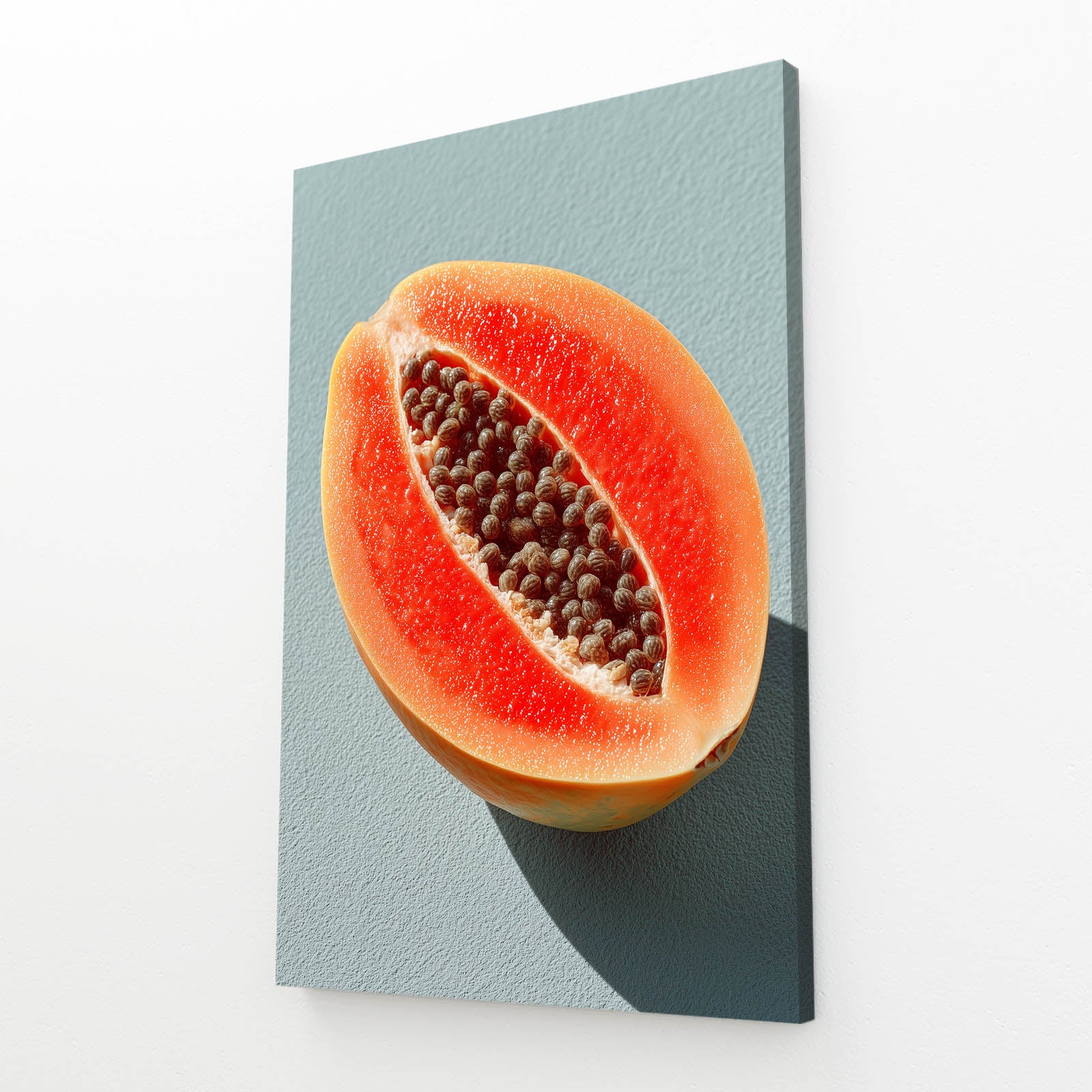 Papaya Half Teal Fruit Art – angled canvas view on white background