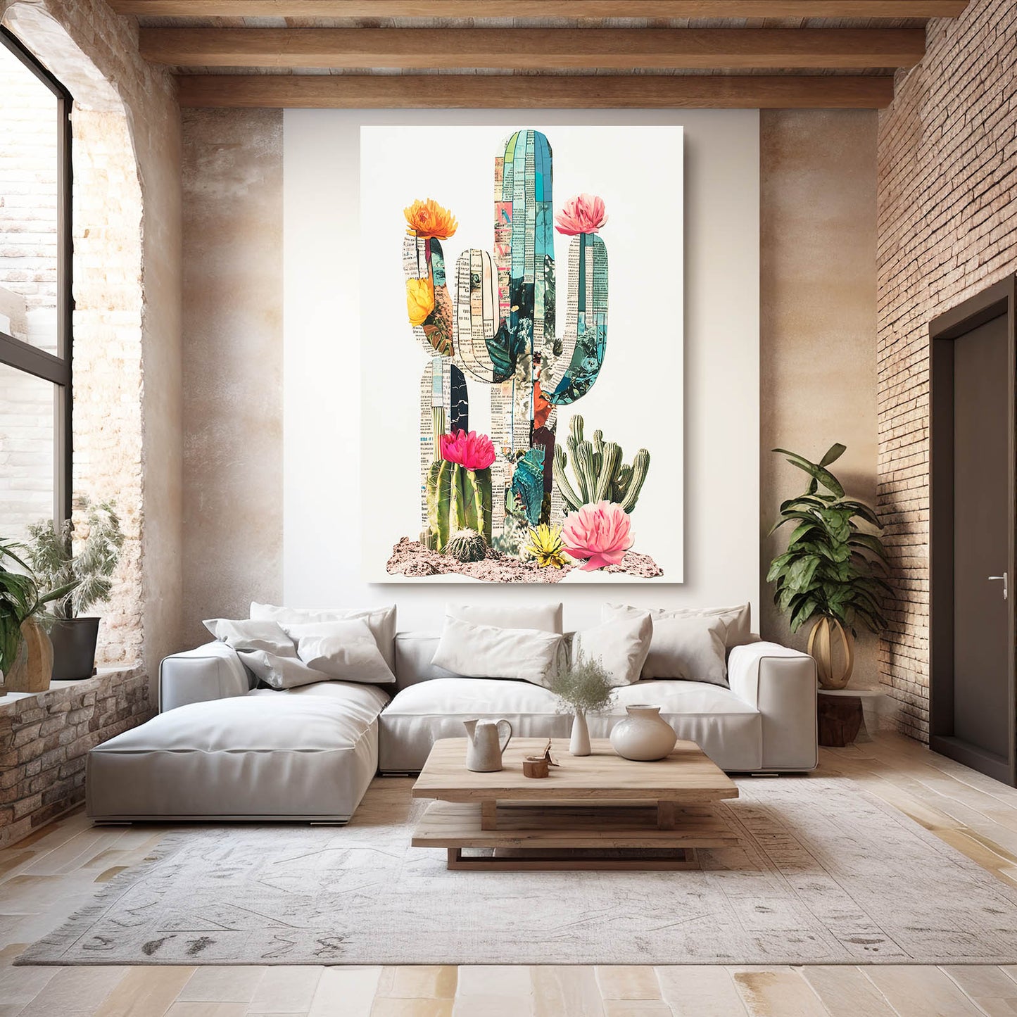 Paper Collage Bloom Cactus Art – styled in a furnished interior