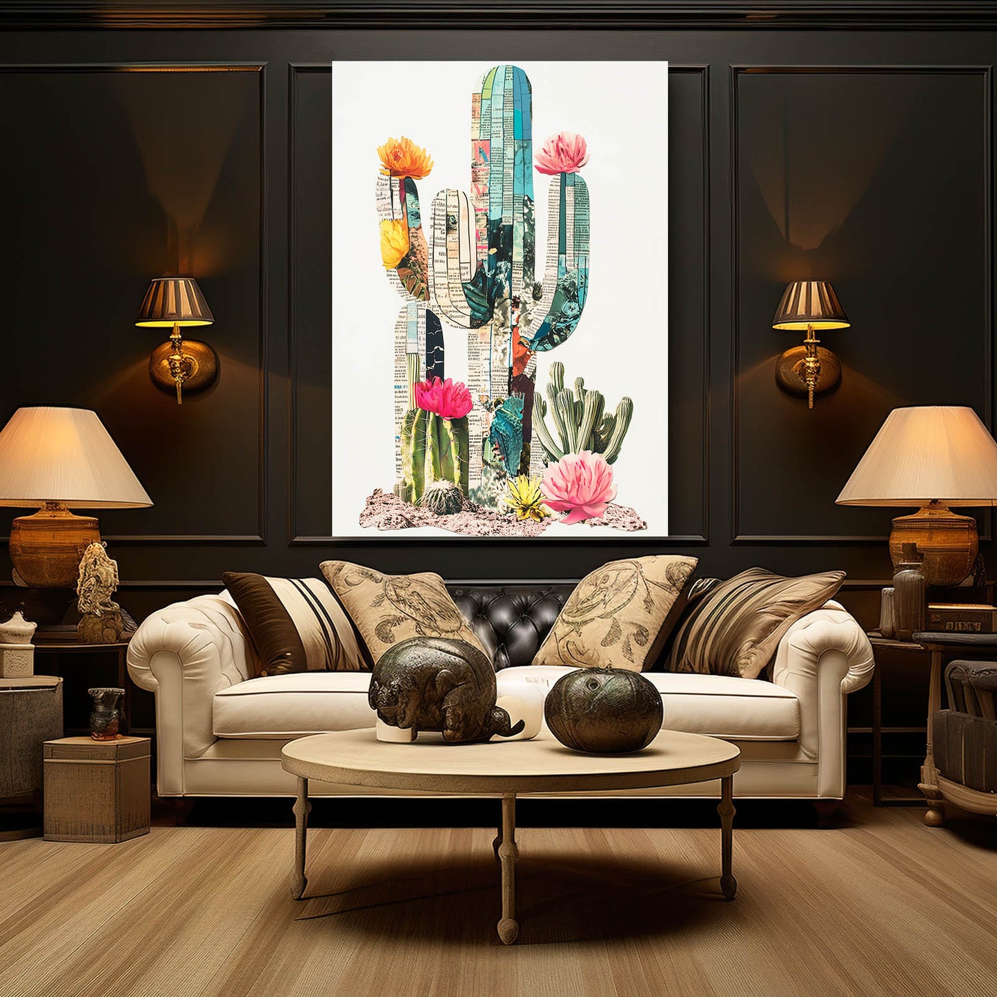 Paper Collage Bloom Cactus Art – styled in a furnished interior