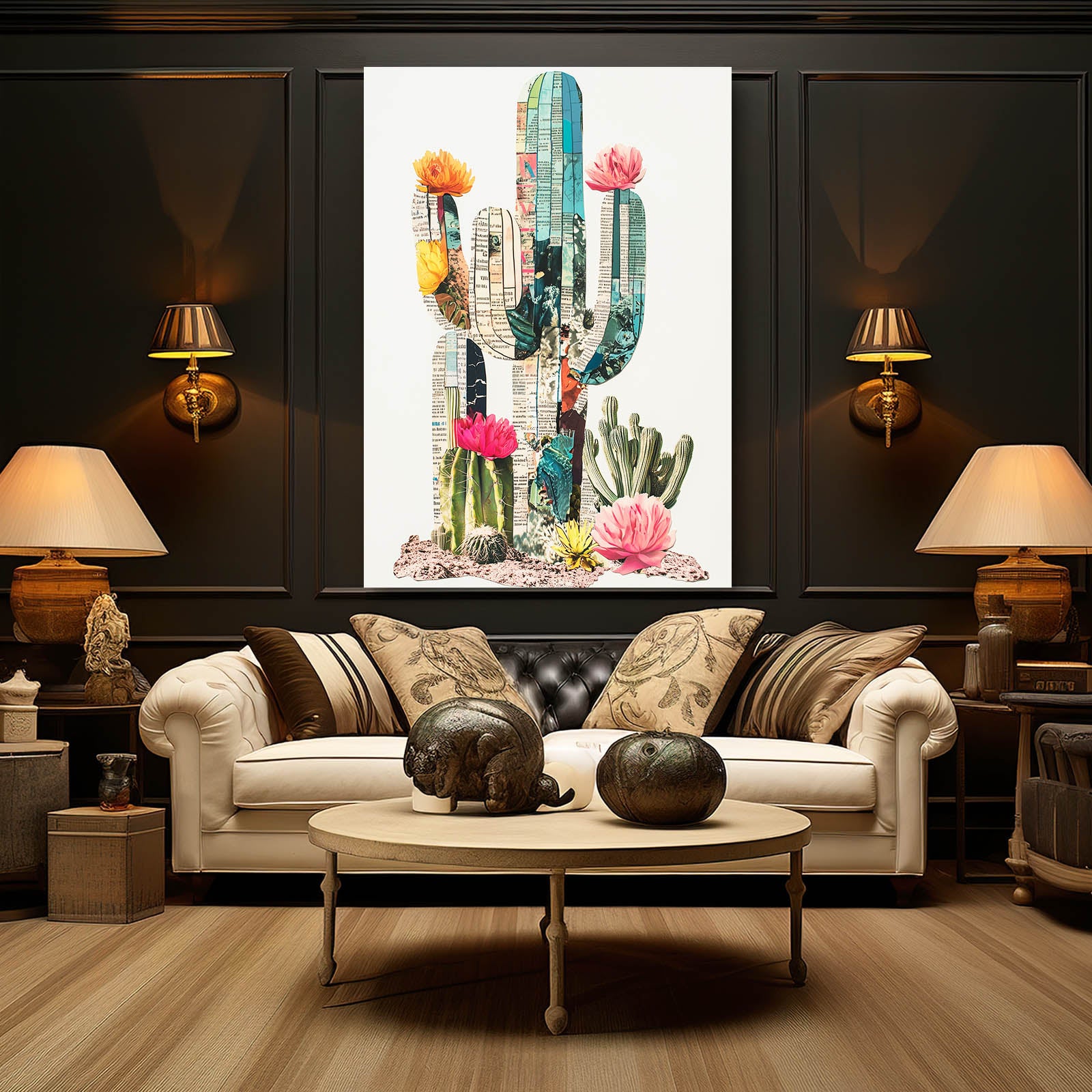 Paper Collage Bloom Cactus Art – styled in a furnished interior