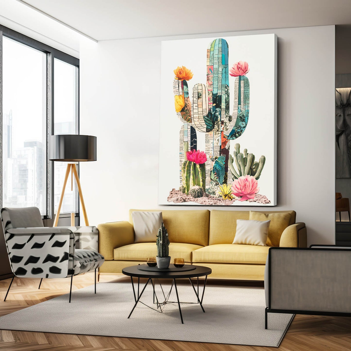 Paper Collage Bloom Cactus Art – styled in a furnished interior