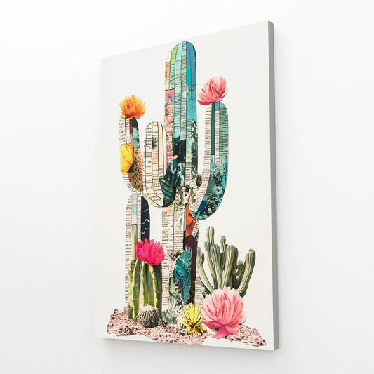Paper Collage Bloom Cactus Art – canvas print on white background