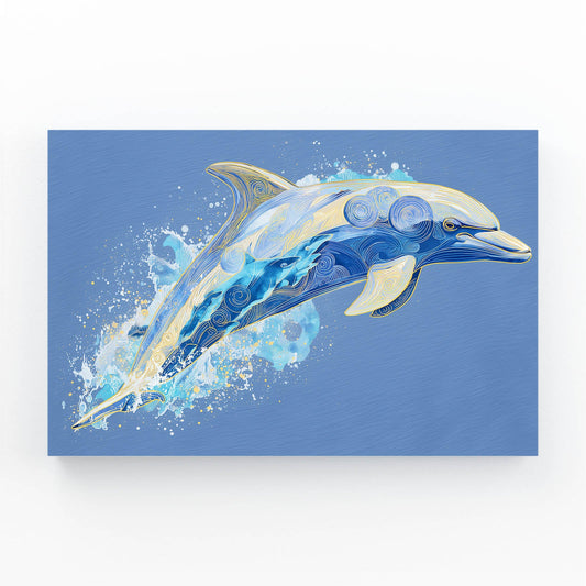 Paper Layers Dolphin Art – dolphin leaping through waves of layered blue paper-art cutouts