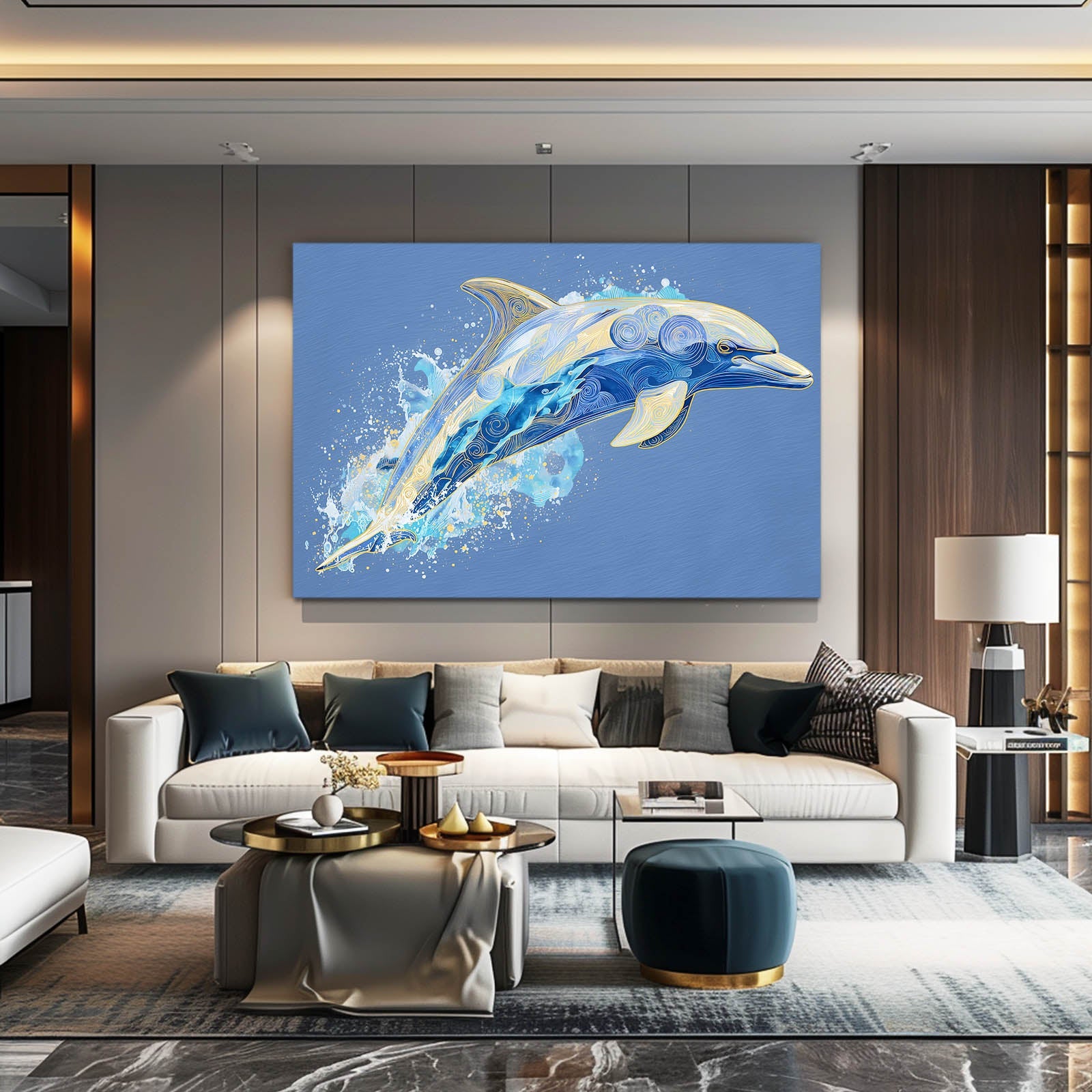 Paper Layers Dolphin Art – styled in a furnished interior