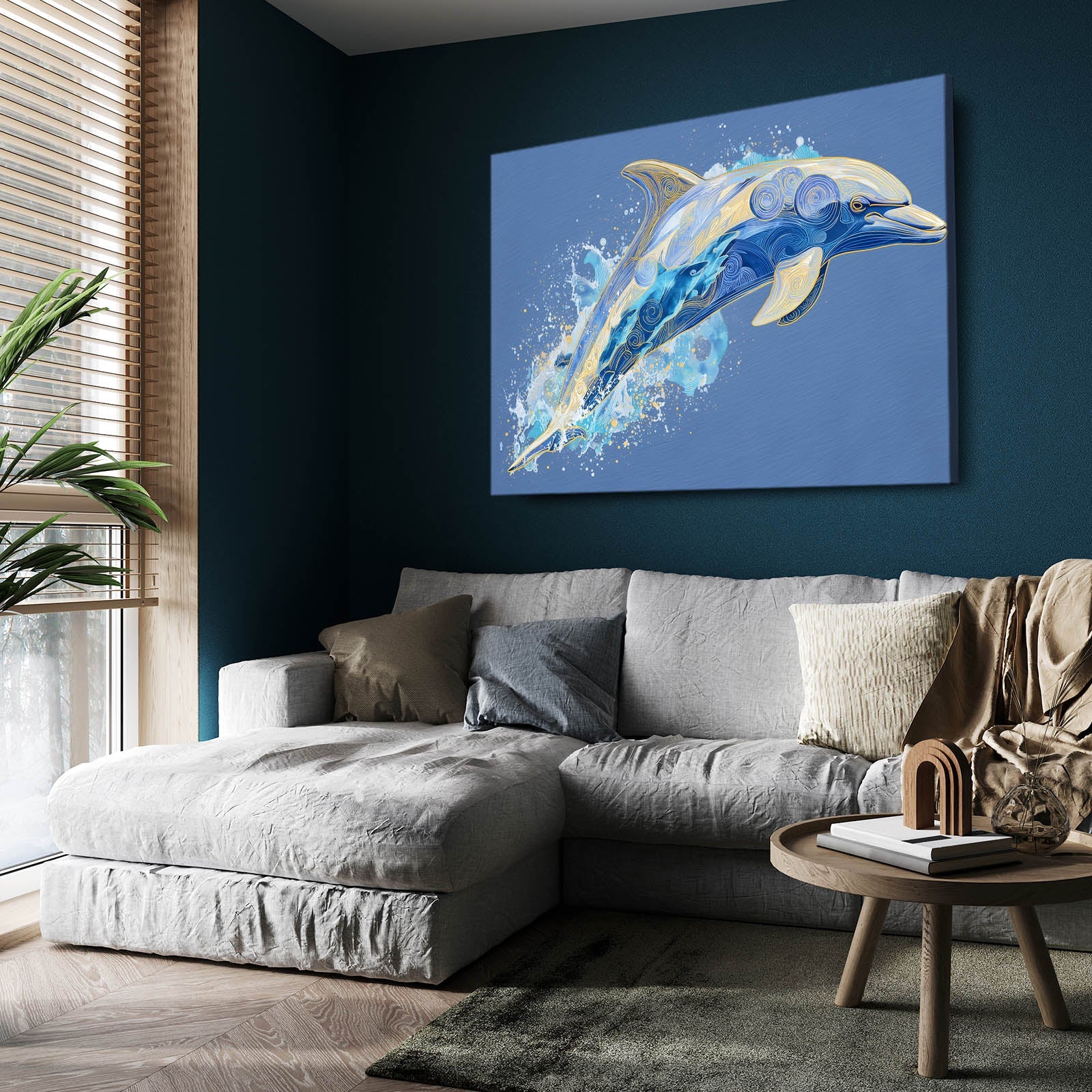 Paper Layers Dolphin Art – styled in a furnished interior