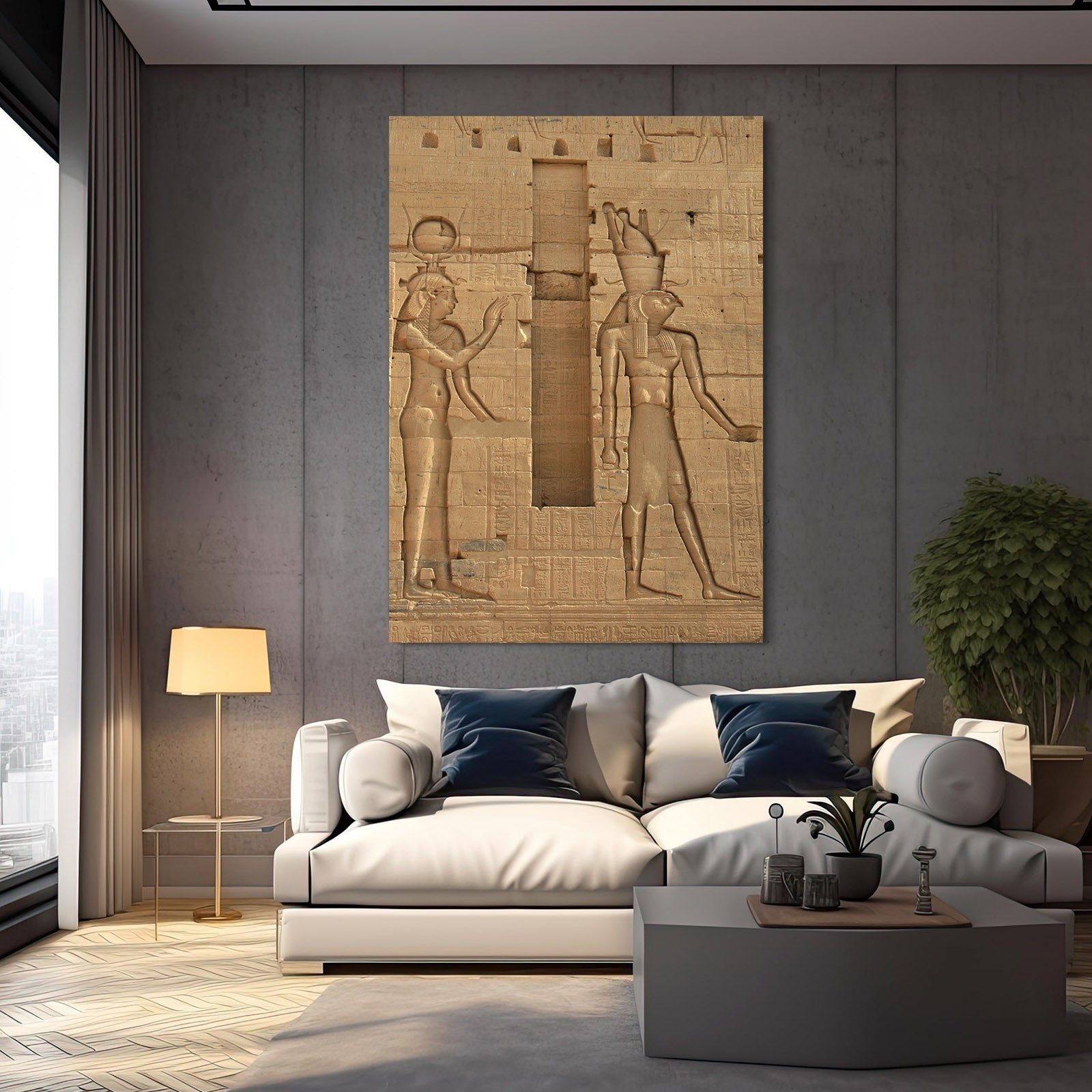 Papyrus Relief Carving Egyptian Wall Art – styled in a furnished interior