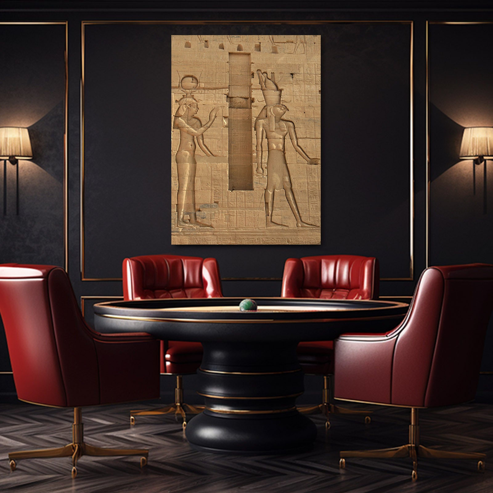 Papyrus Relief Carving Egyptian Wall Art – styled in a furnished interior