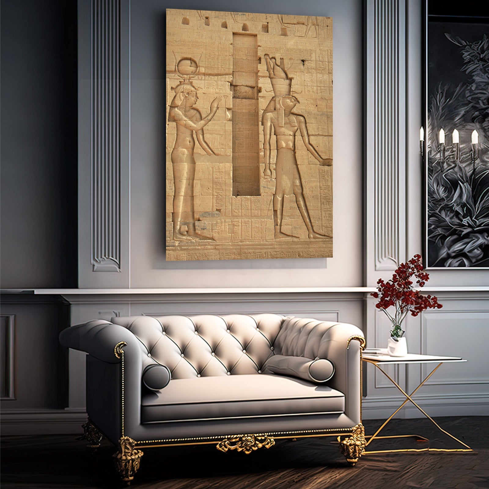 Papyrus Relief Carving Egyptian Wall Art – styled in a furnished interior