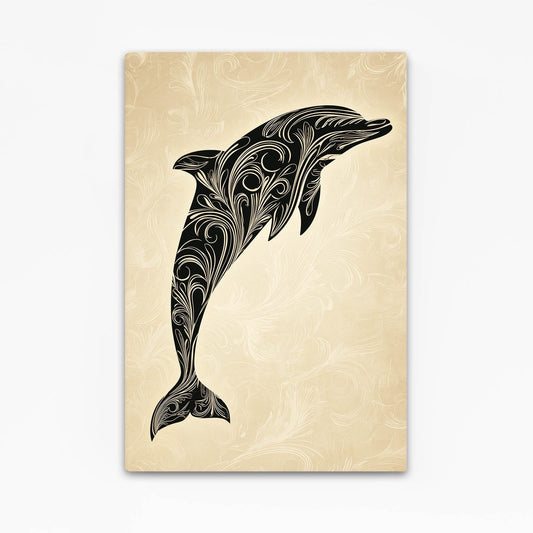 Parchment Scroll Dolphin Art – dolphin drawn in black baroque scroll filigree on aged parchment