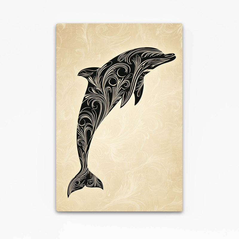 Parchment Scroll Dolphin Art – dolphin drawn in black baroque scroll filigree on aged parchment