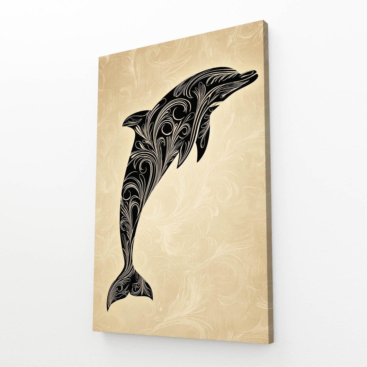 Parchment Scroll Dolphin Art – angled canvas view on white background