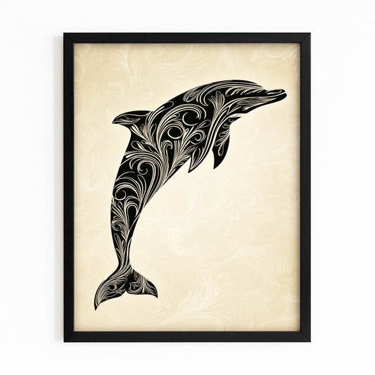 Parchment Scroll Dolphin Art – with Premium Black wood frame on white background