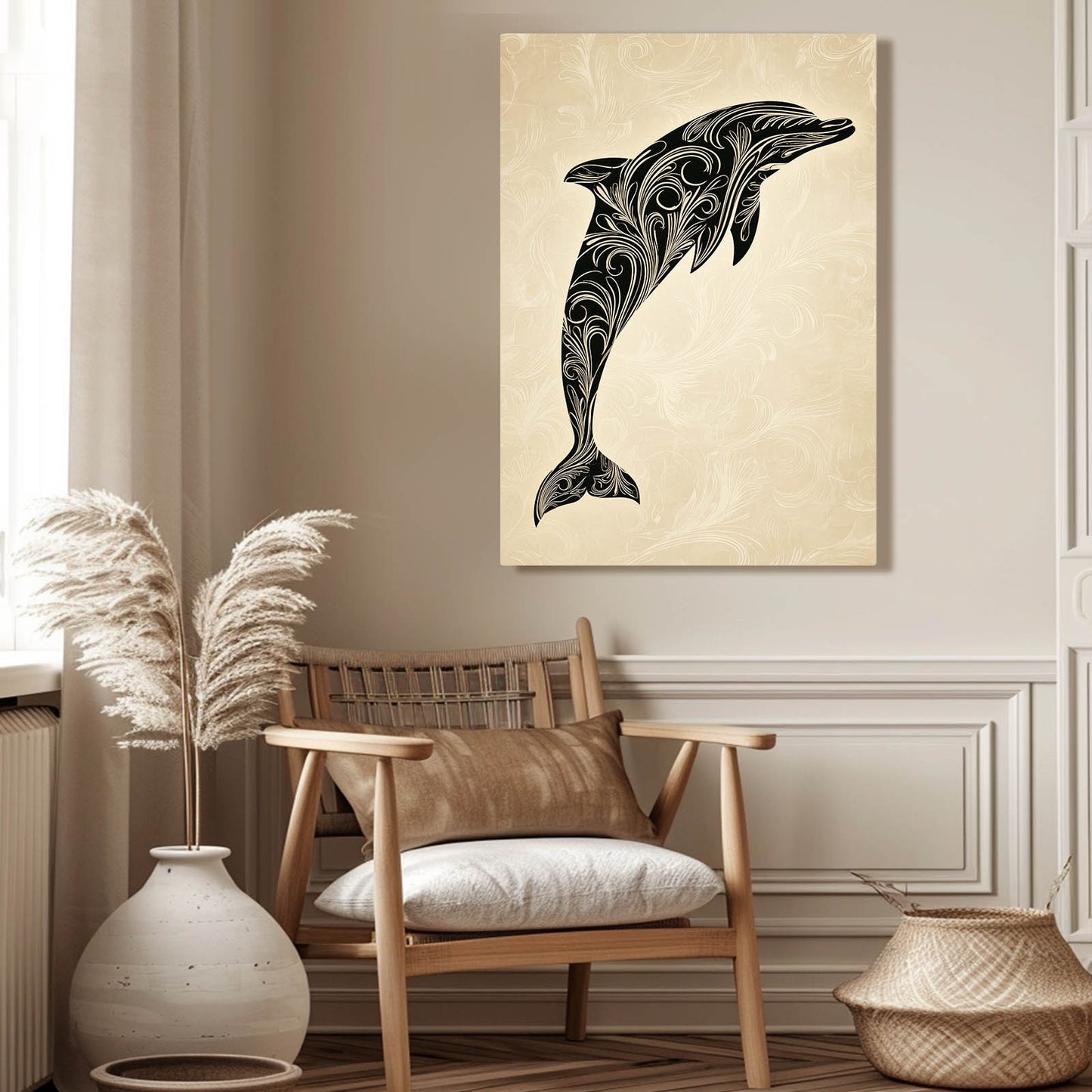 Parchment Scroll Dolphin Art – styled in a furnished interior