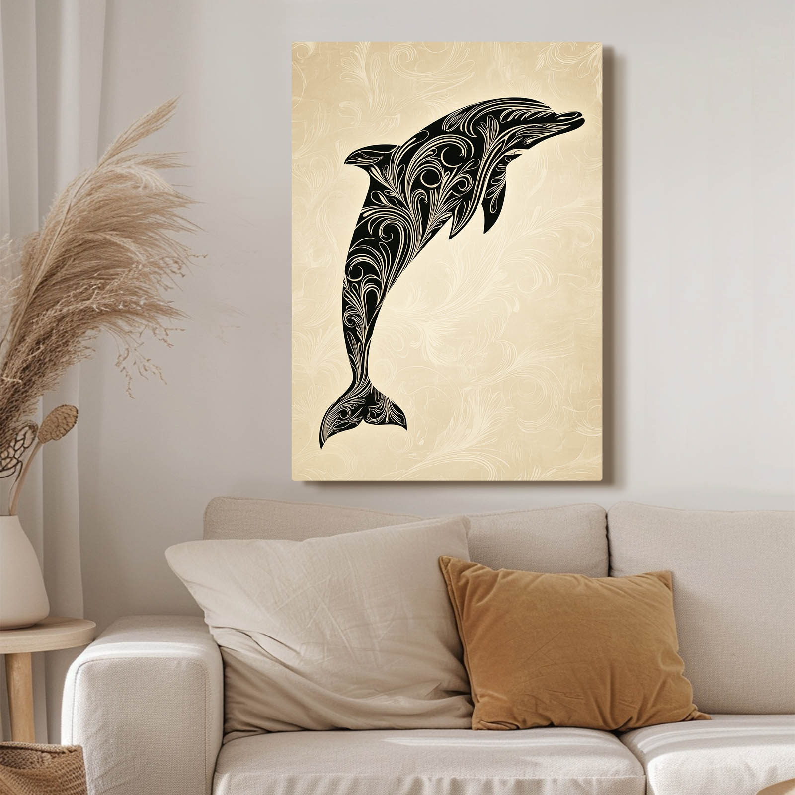 Parchment Scroll Dolphin Art – styled in a furnished interior