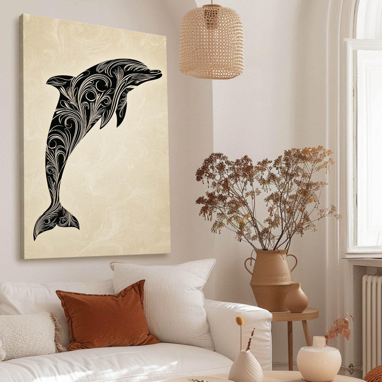 Parchment Scroll Dolphin Art – styled in a furnished interior