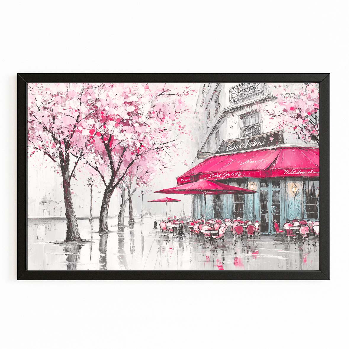 Parisian Cafe Cherry Blossom Prints – with Premium Black frame on white background