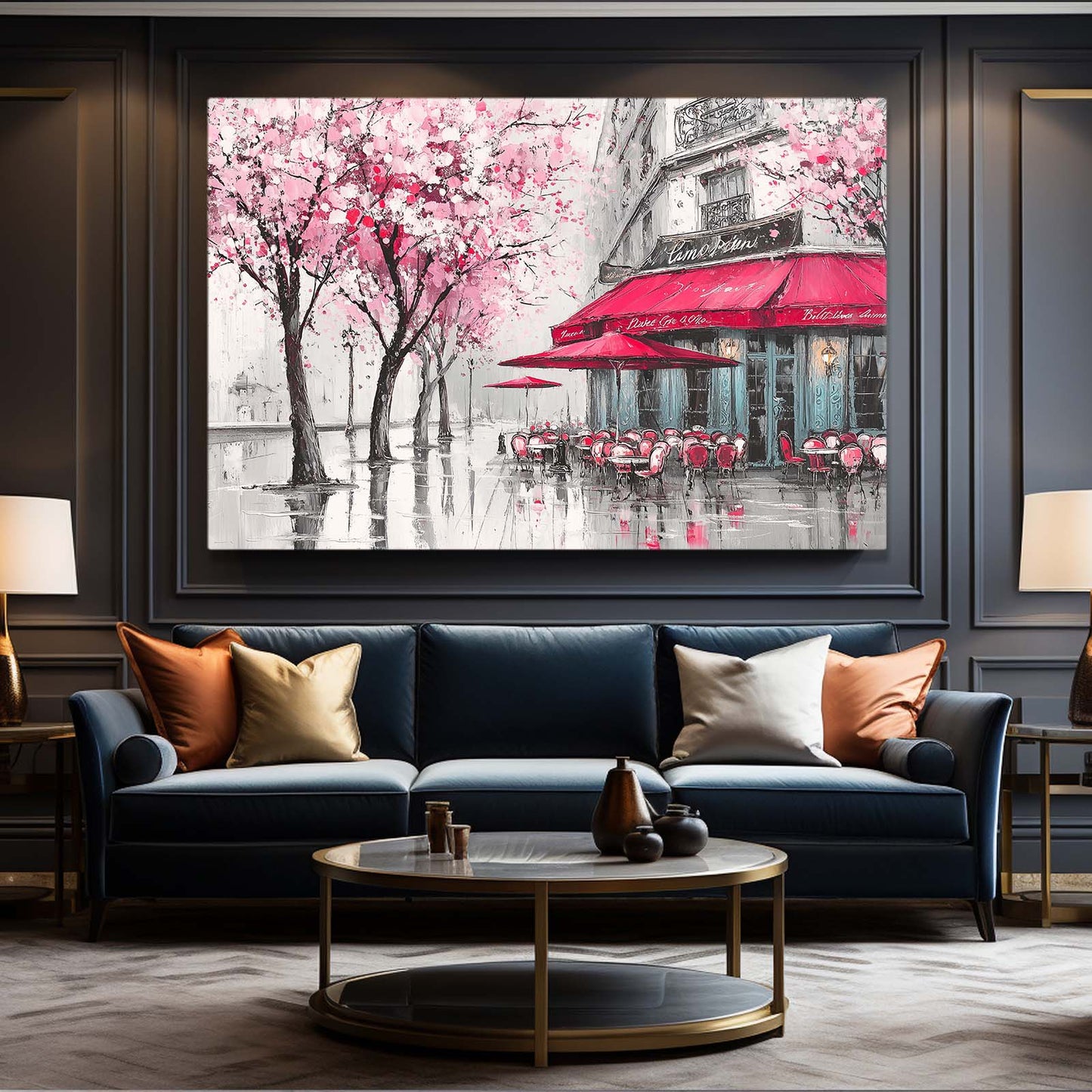 Parisian Cafe Cherry Blossom Prints – styled in a furnished interior
