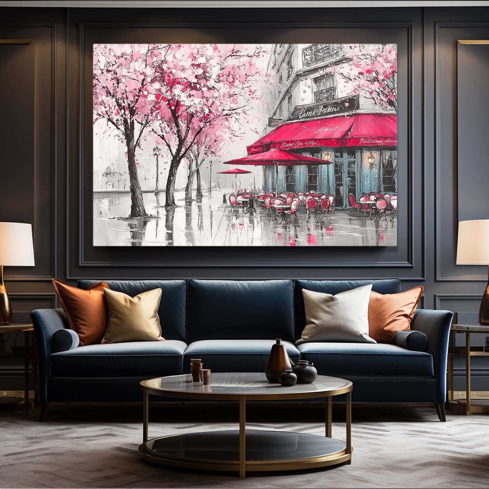 Parisian Cafe Cherry Blossom Prints – styled in a furnished interior