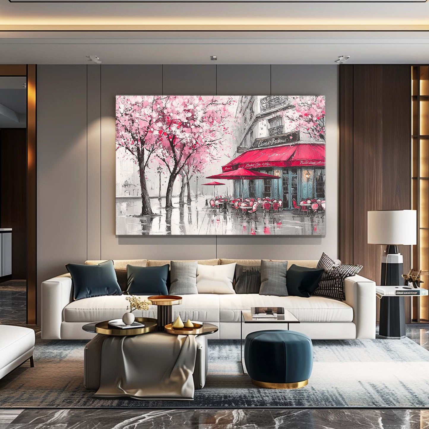 Parisian Cafe Cherry Blossom Prints – styled in a furnished interior