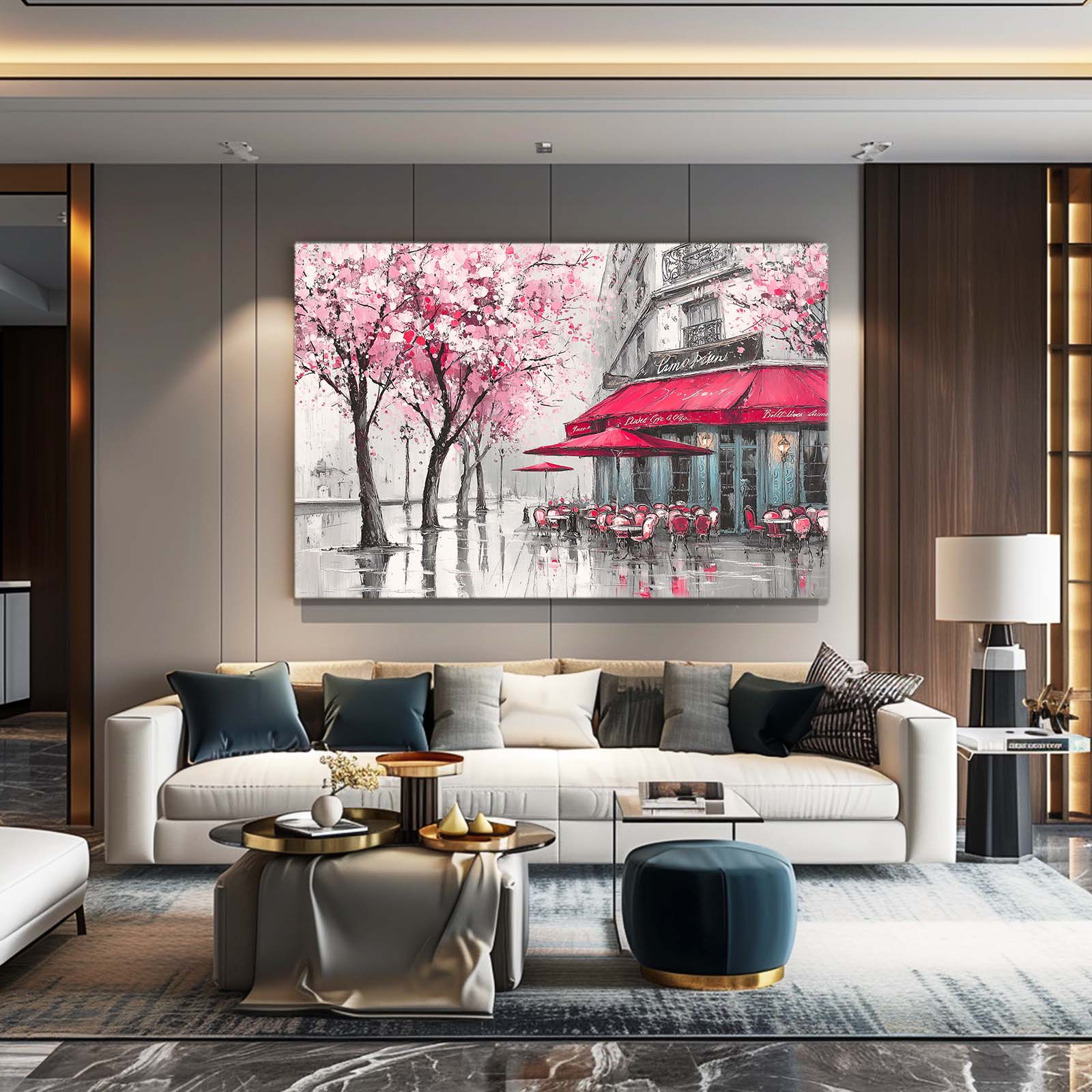 Parisian Cafe Cherry Blossom Prints – styled in a furnished interior