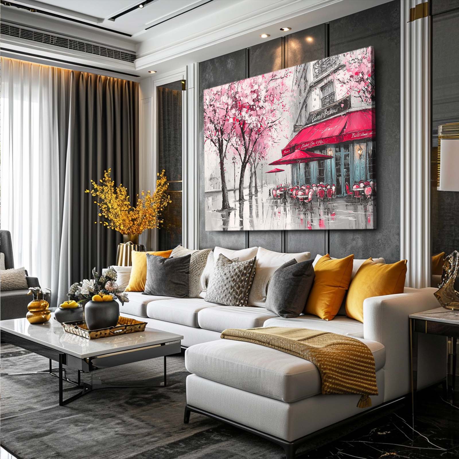 Parisian Cafe Cherry Blossom Prints – styled in a furnished interior