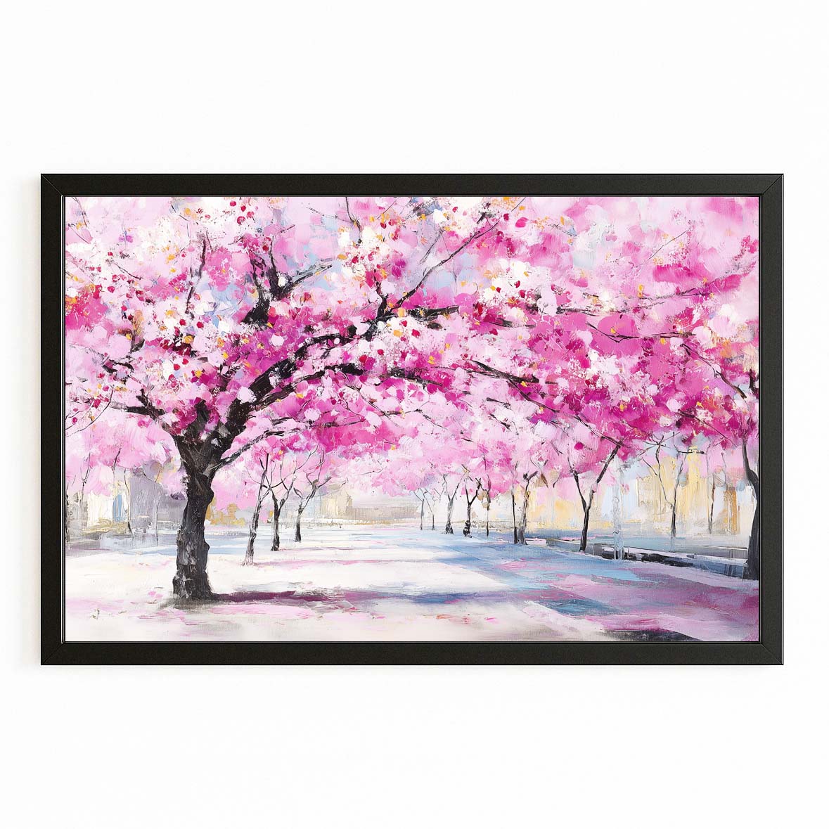 Park Path Blooms Cherry Blossom Canvas – with Premium Black frame on white background