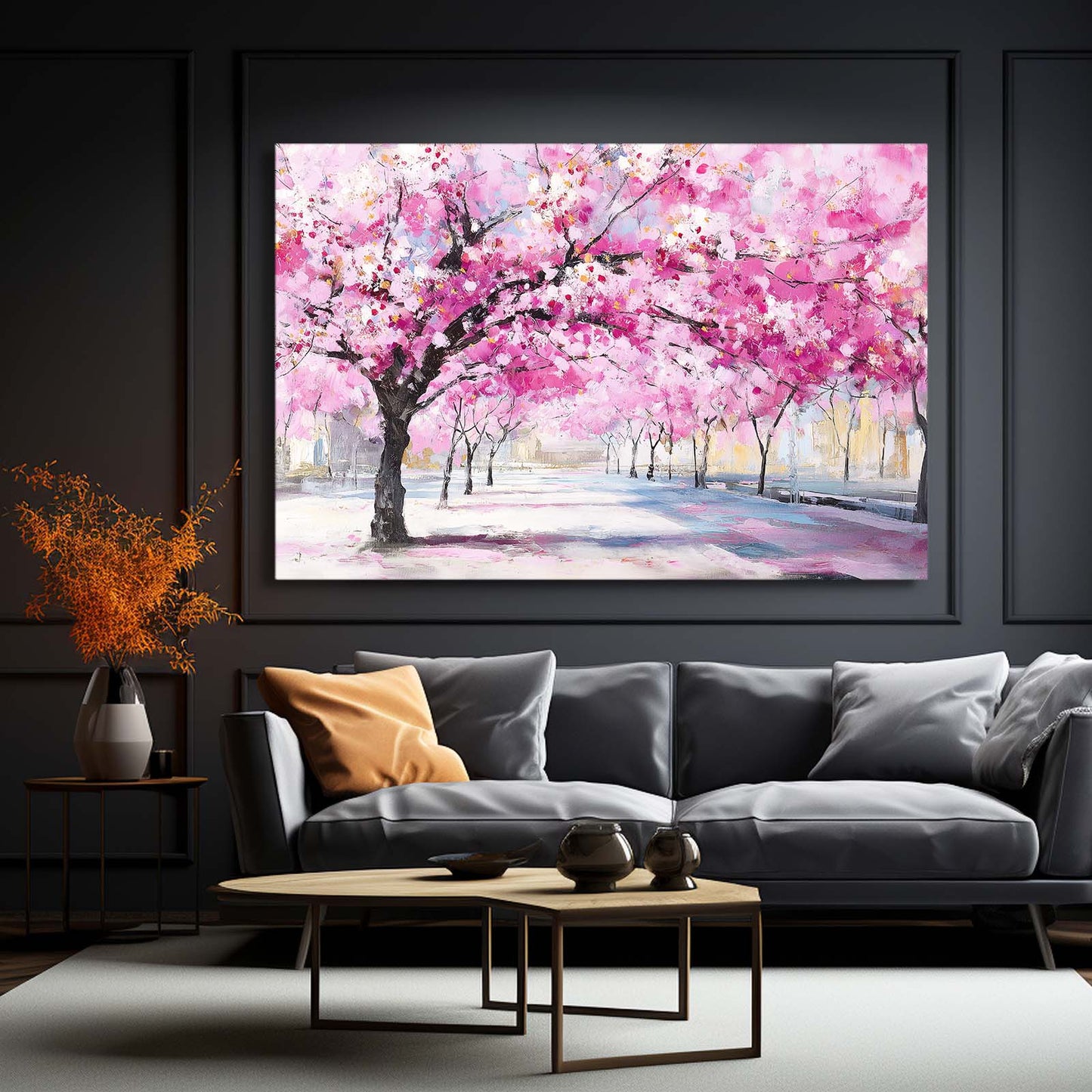 Park Path Blooms Cherry Blossom Canvas – styled in a furnished interior