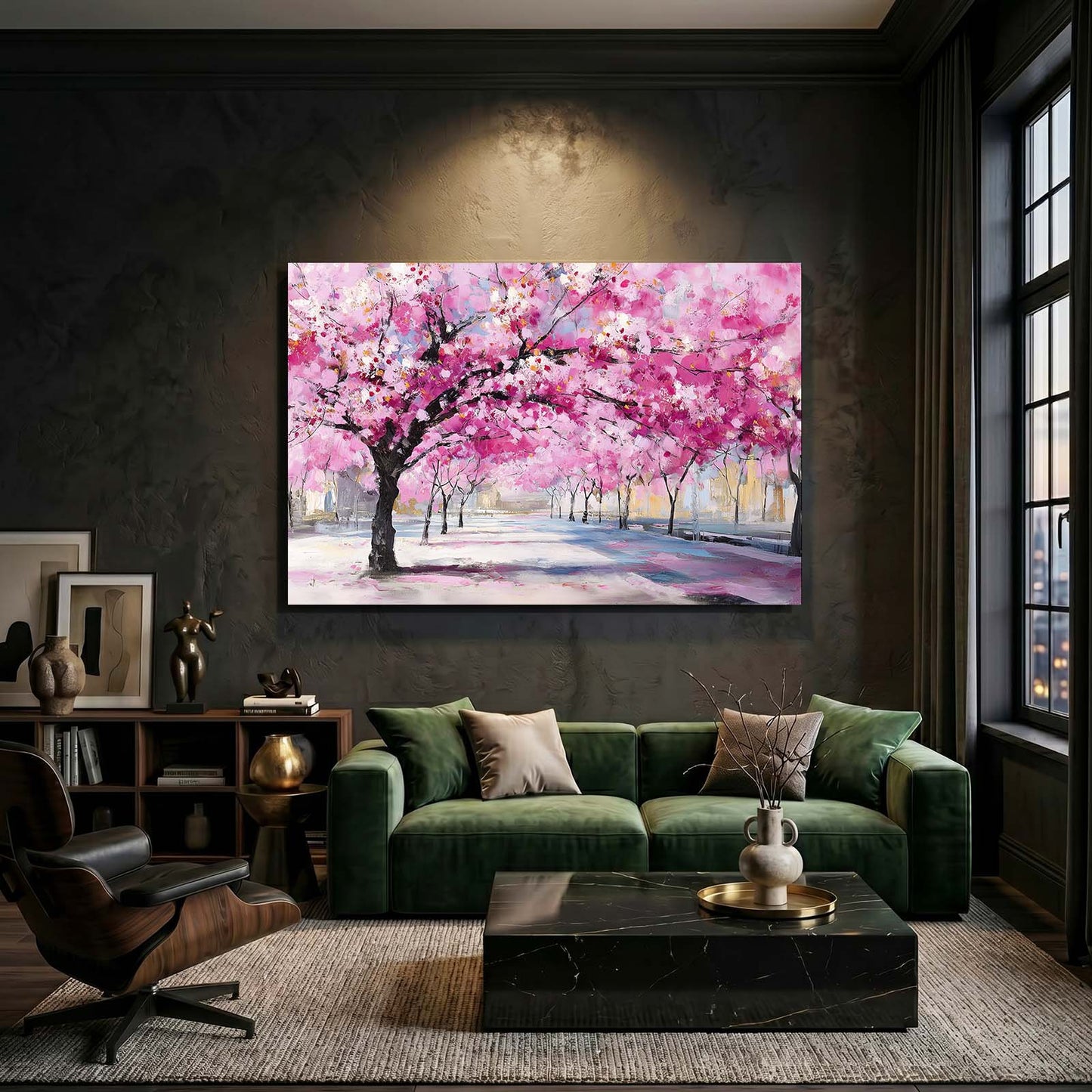 Park Path Blooms Cherry Blossom Canvas – styled in a furnished interior