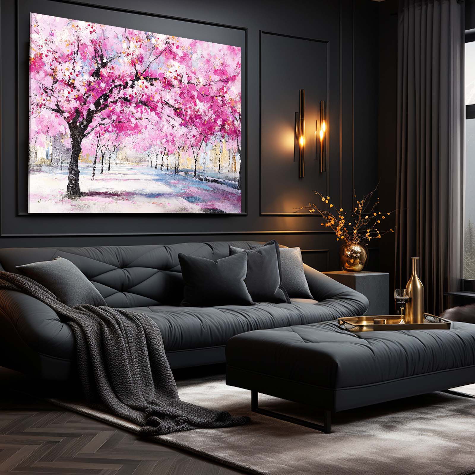 Park Path Blooms Cherry Blossom Canvas – styled in a furnished interior