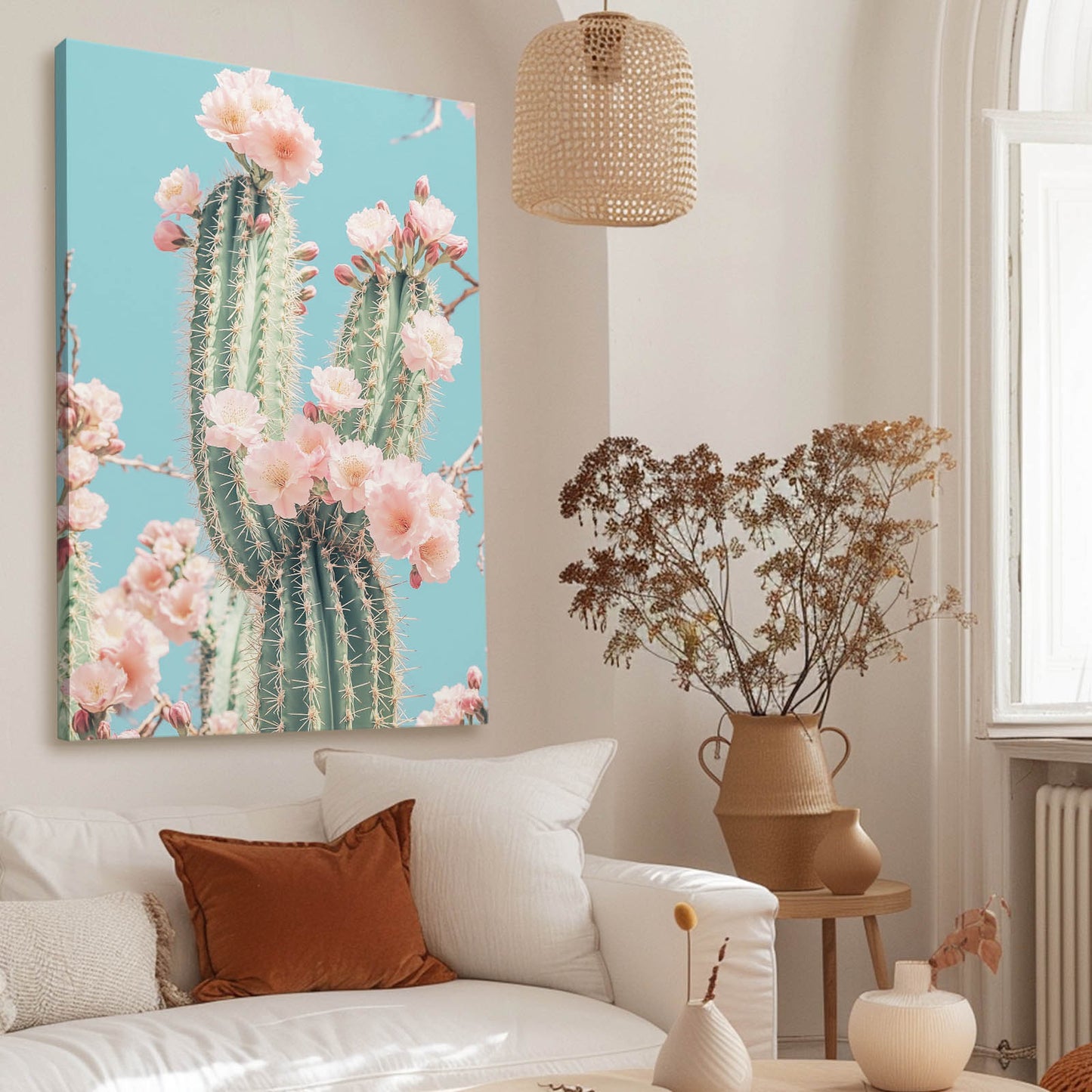 Pastel Bloom Column Cactus Wall Decor – styled in a furnished interior