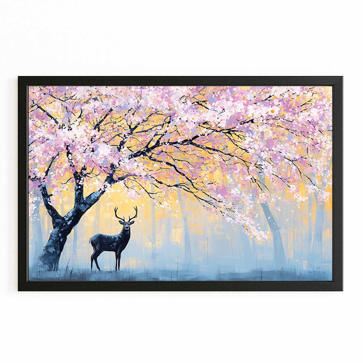 Pastel Deer Grove Cherry Blossom Canvas Art – with Premium Black frame on white background