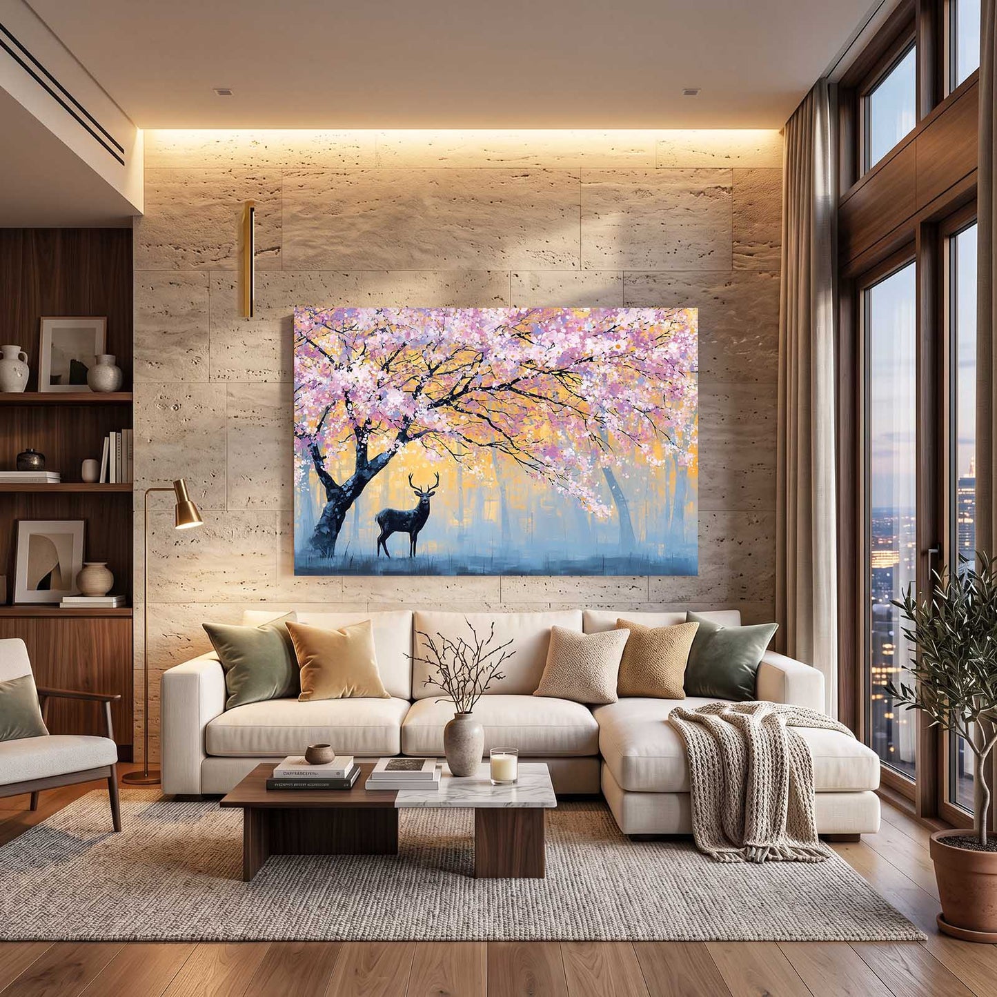 Pastel Deer Grove Cherry Blossom Canvas Art – styled in a furnished interior