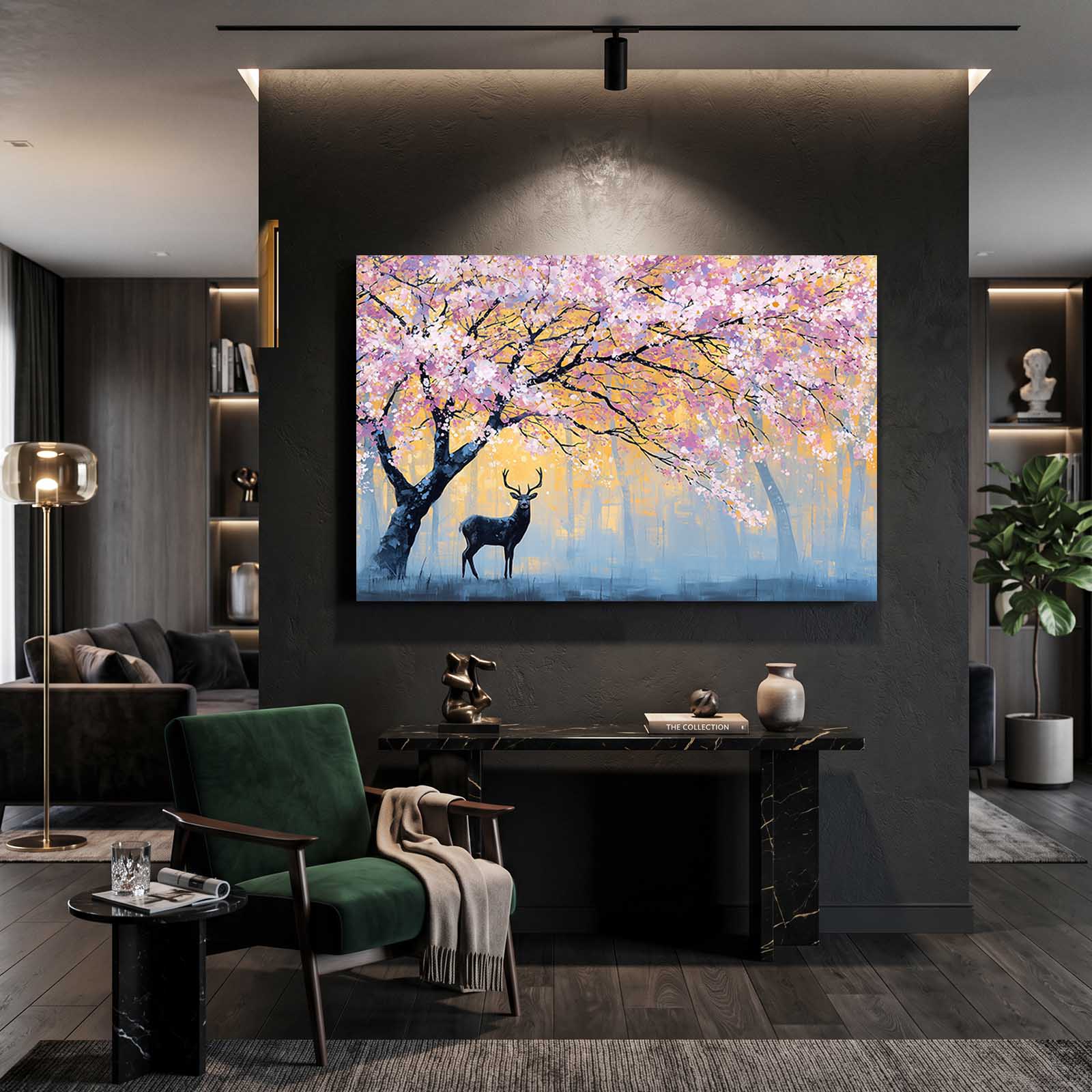 Pastel Deer Grove Cherry Blossom Canvas Art – styled in a furnished interior