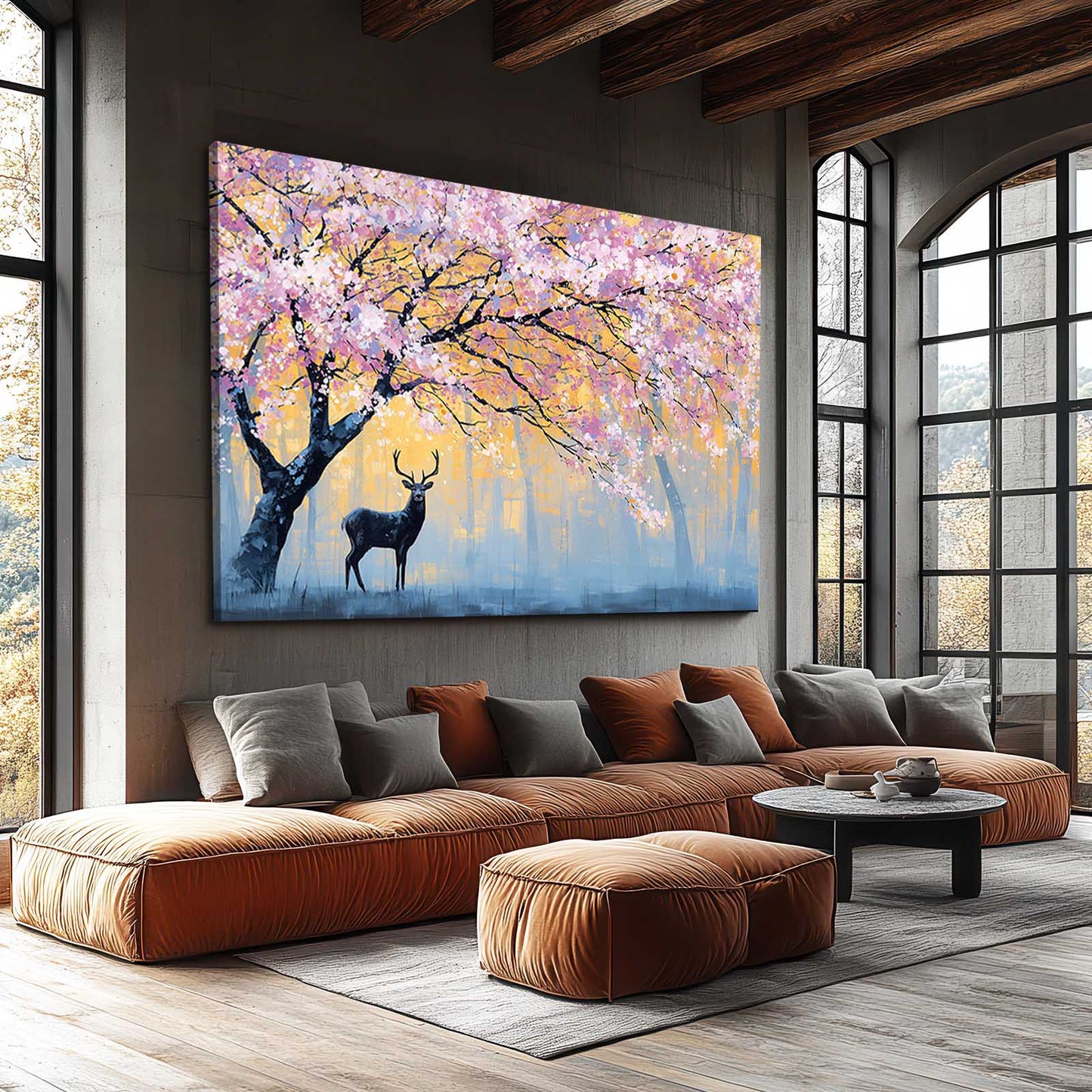 Pastel Deer Grove Cherry Blossom Canvas Art – styled in a furnished interior