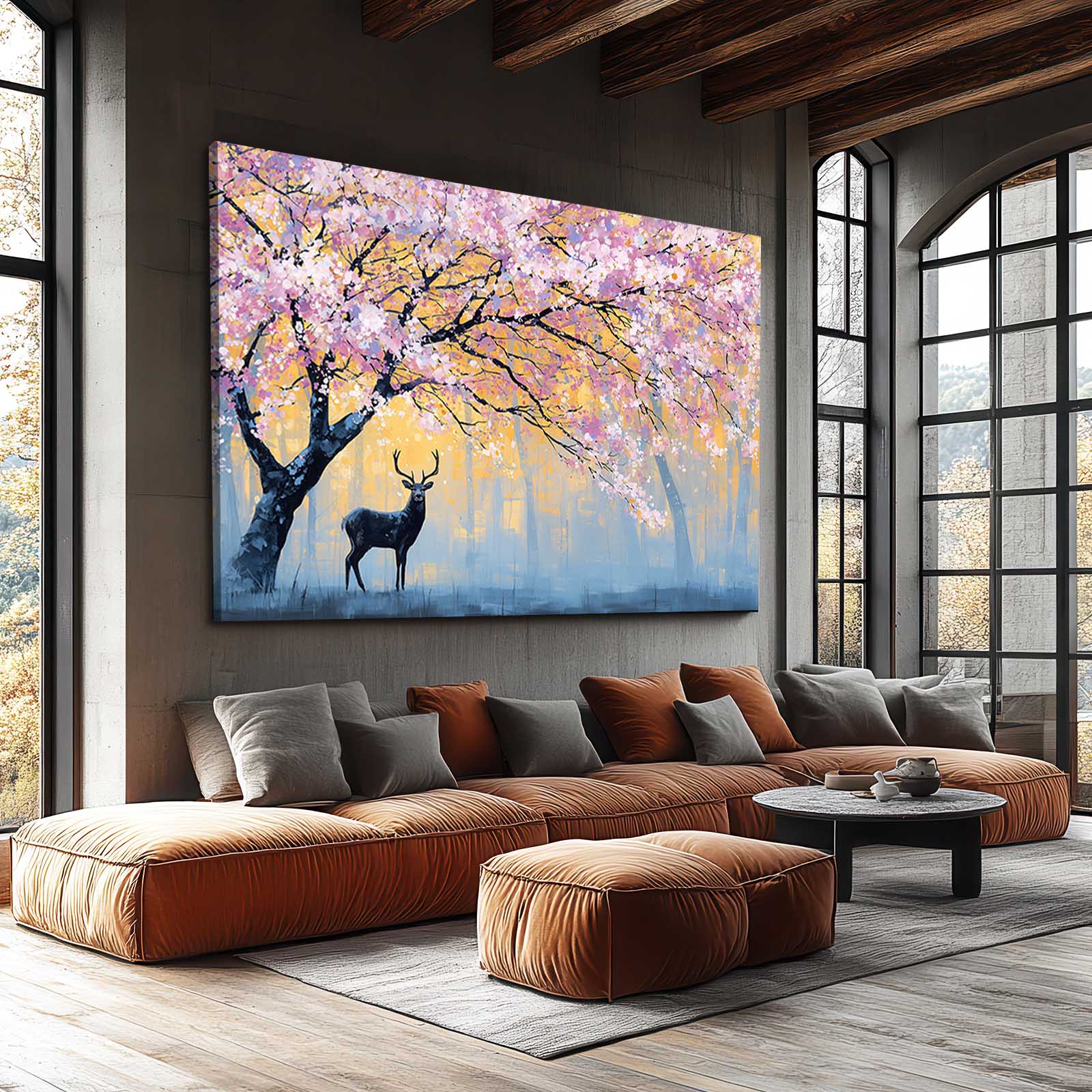 Pastel Deer Grove Cherry Blossom Canvas Art – styled in a furnished interior