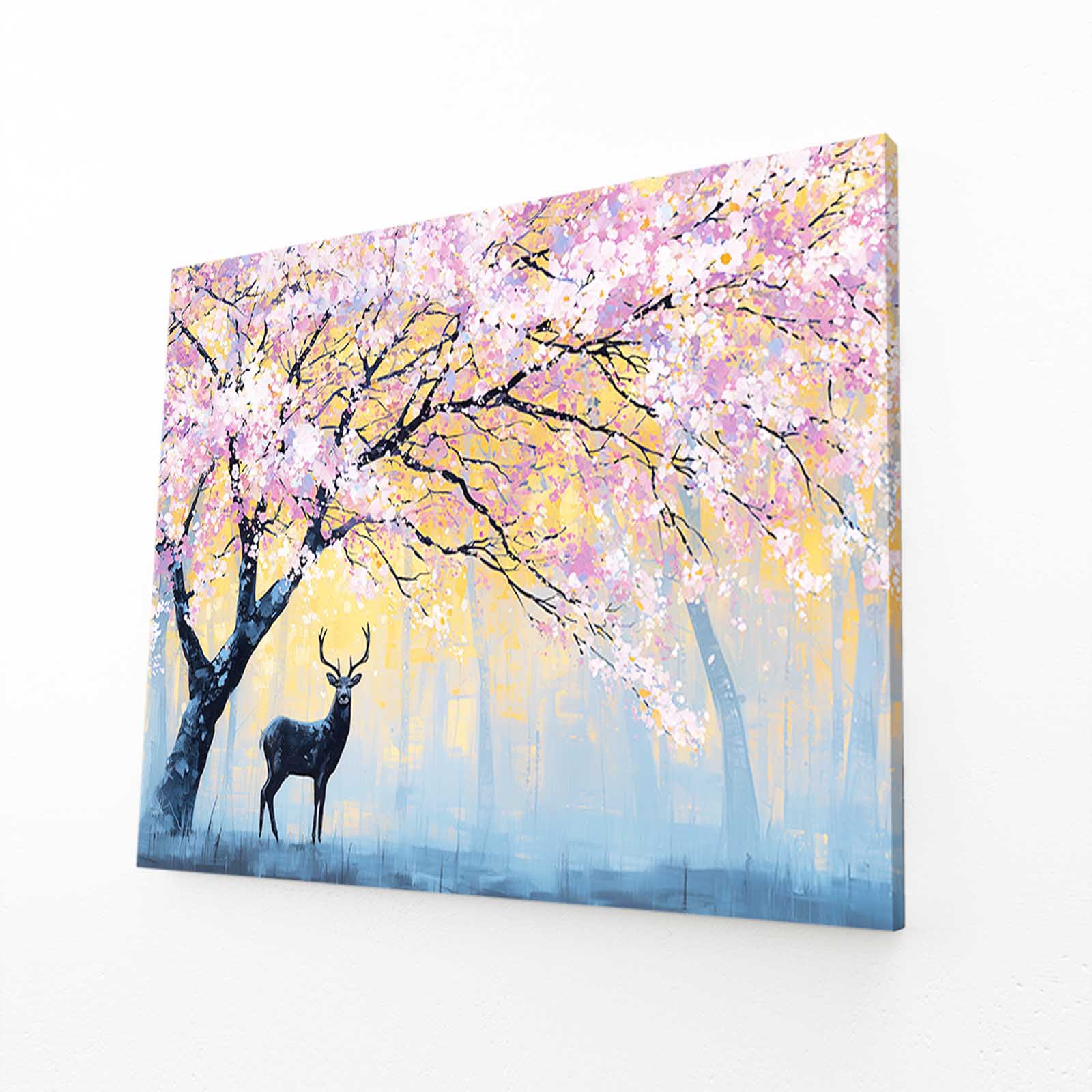Pastel Deer Grove Cherry Blossom Canvas Art – angled canvas view on white background