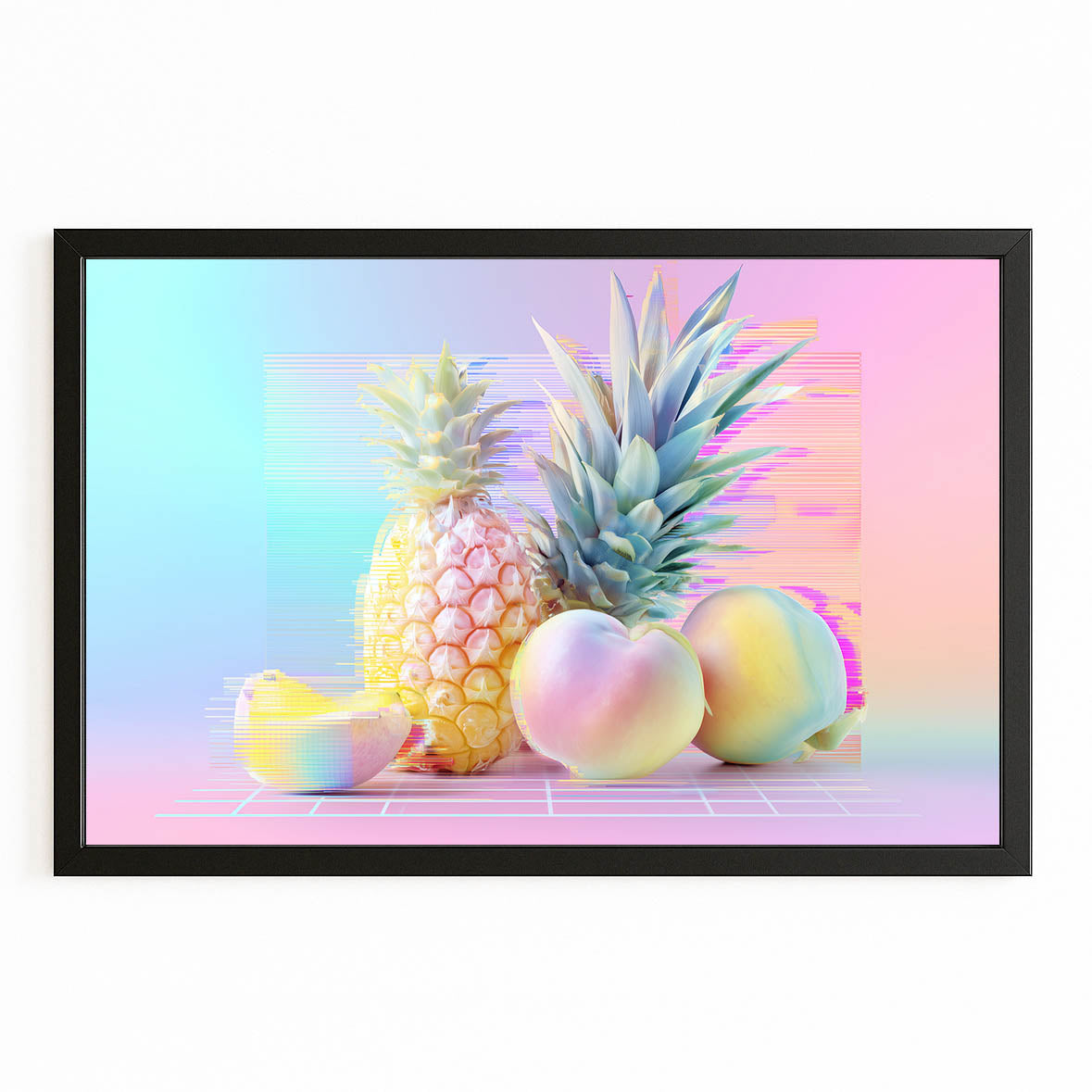 Pastel Glitch Pineapple Fruit Canvas Art – with Premium Black frame on white background