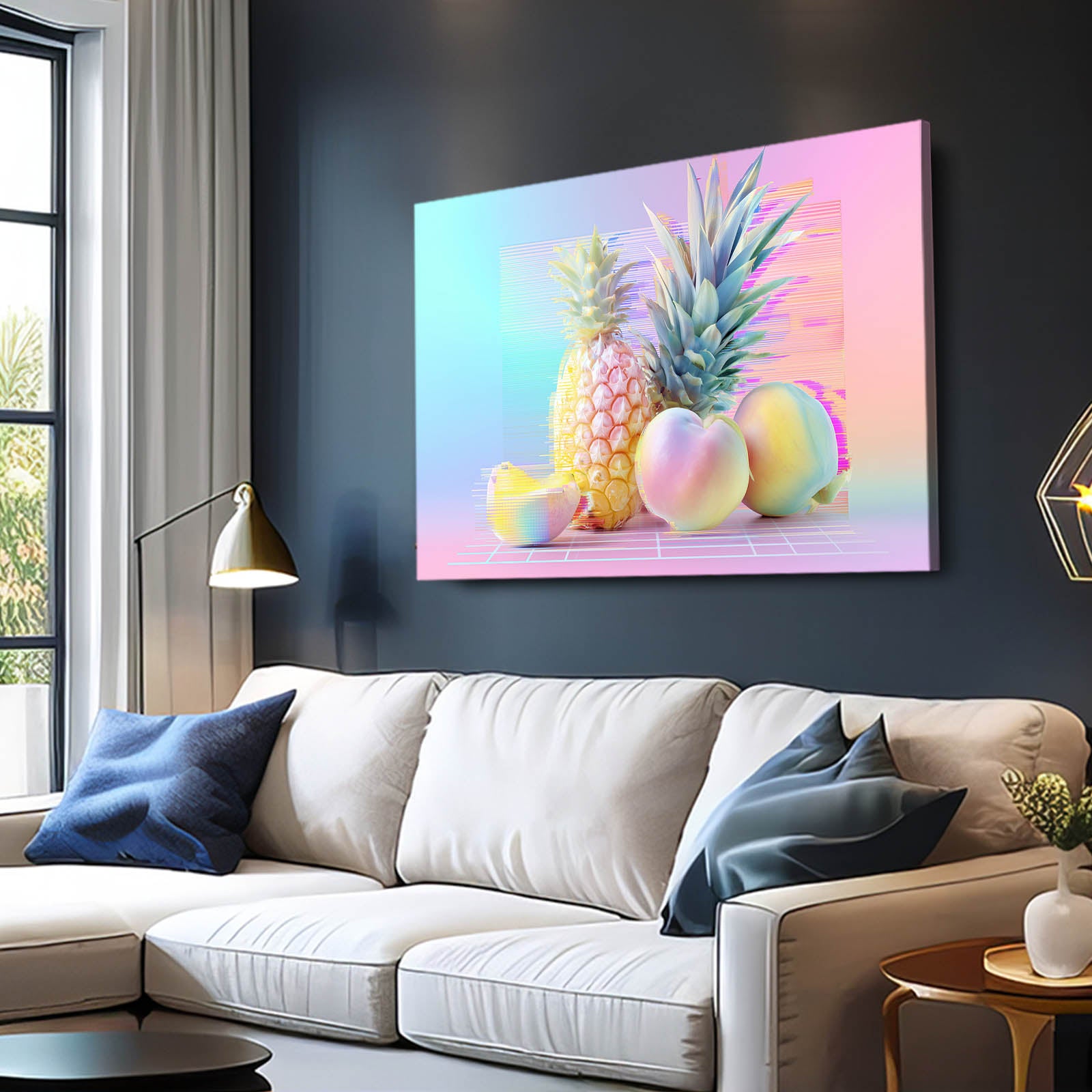 Pastel Glitch Pineapple Fruit Canvas Art – styled in a furnished interior