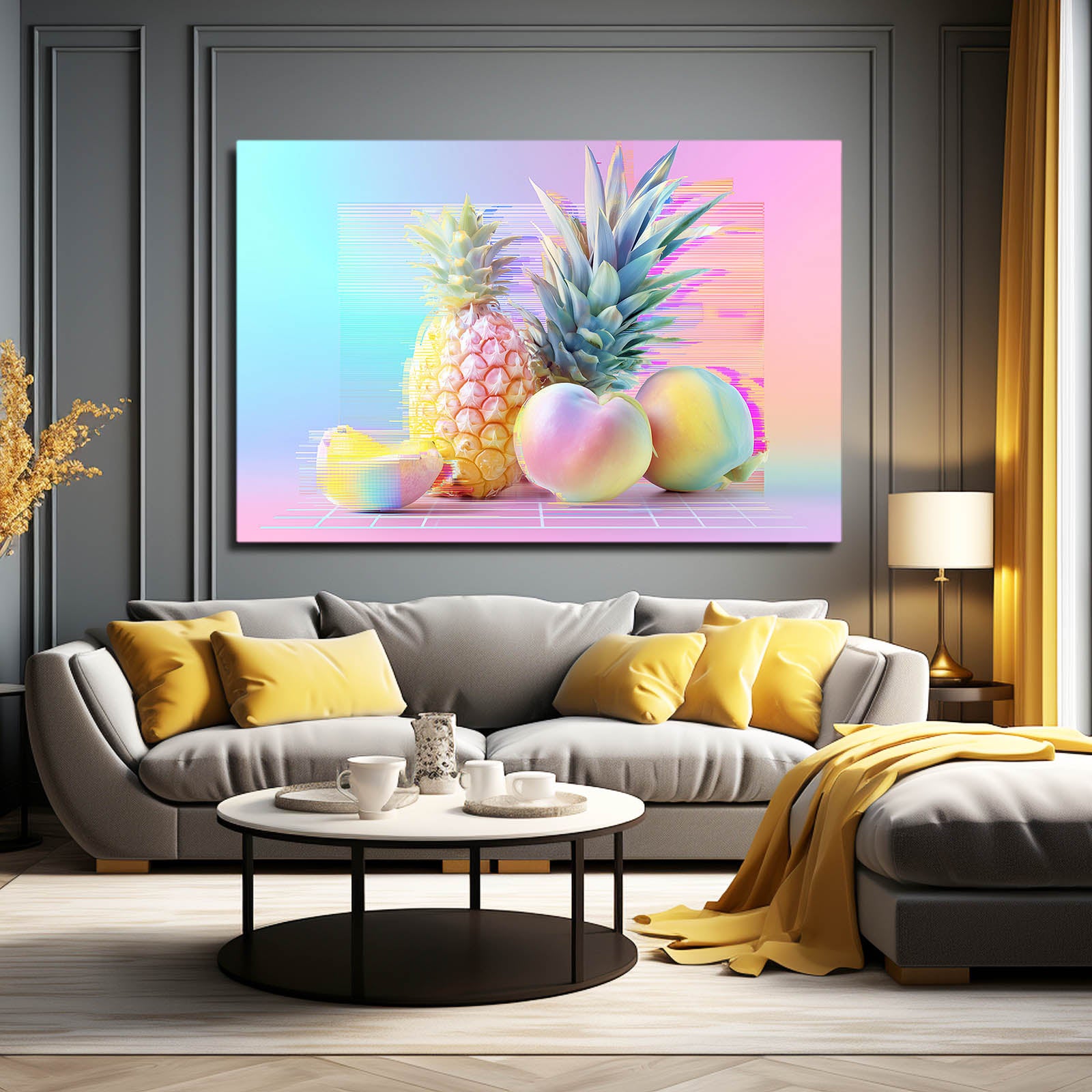 Pastel Glitch Pineapple Fruit Canvas Art – styled in a furnished interior