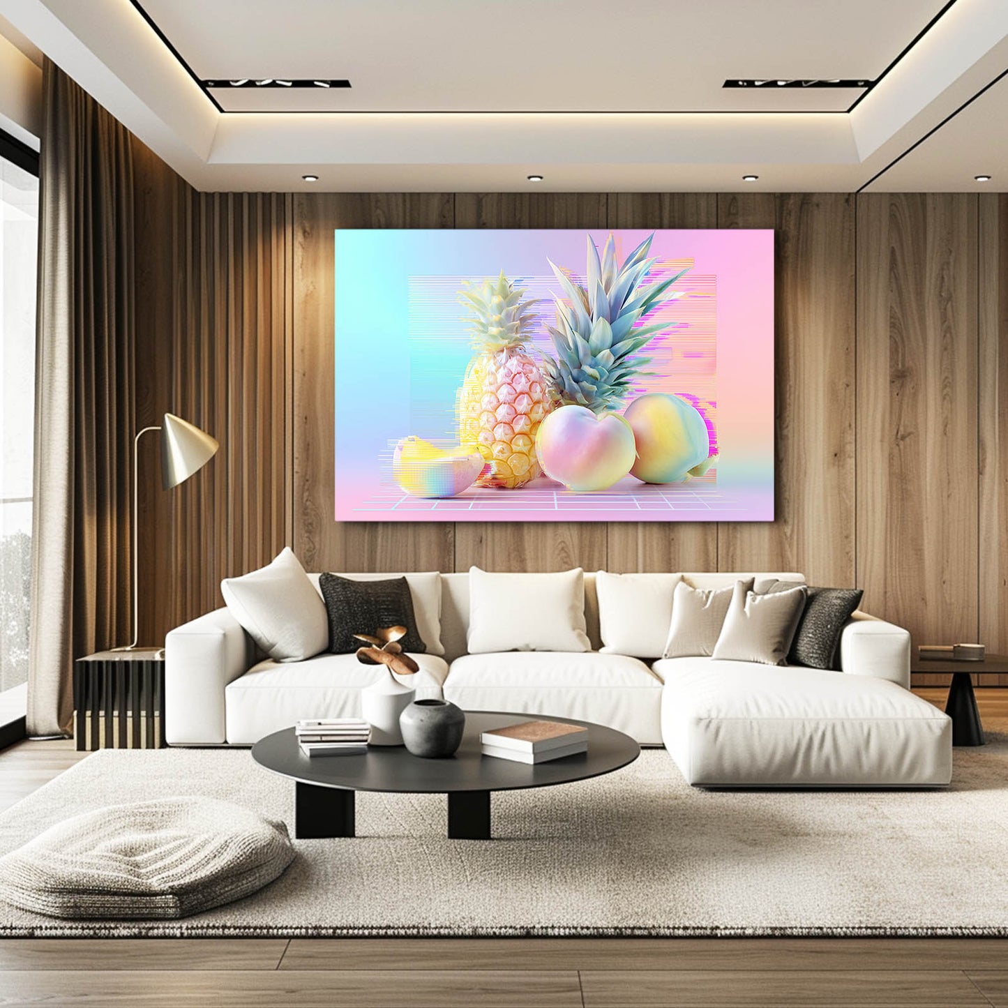 Pastel Glitch Pineapple Fruit Canvas Art – styled in a furnished interior