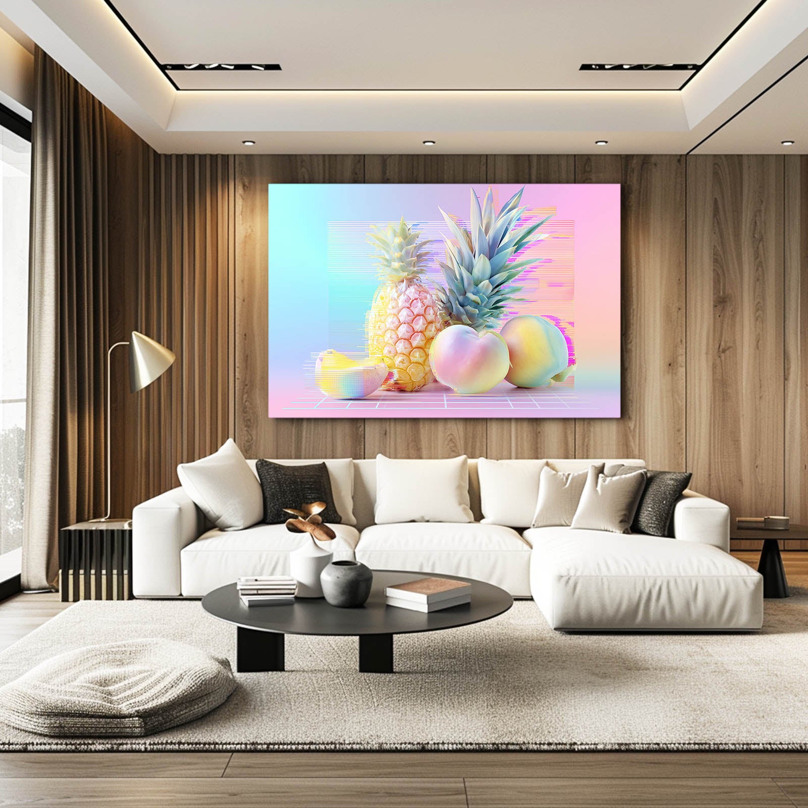 Pastel Glitch Pineapple Fruit Canvas Art – styled in a furnished interior