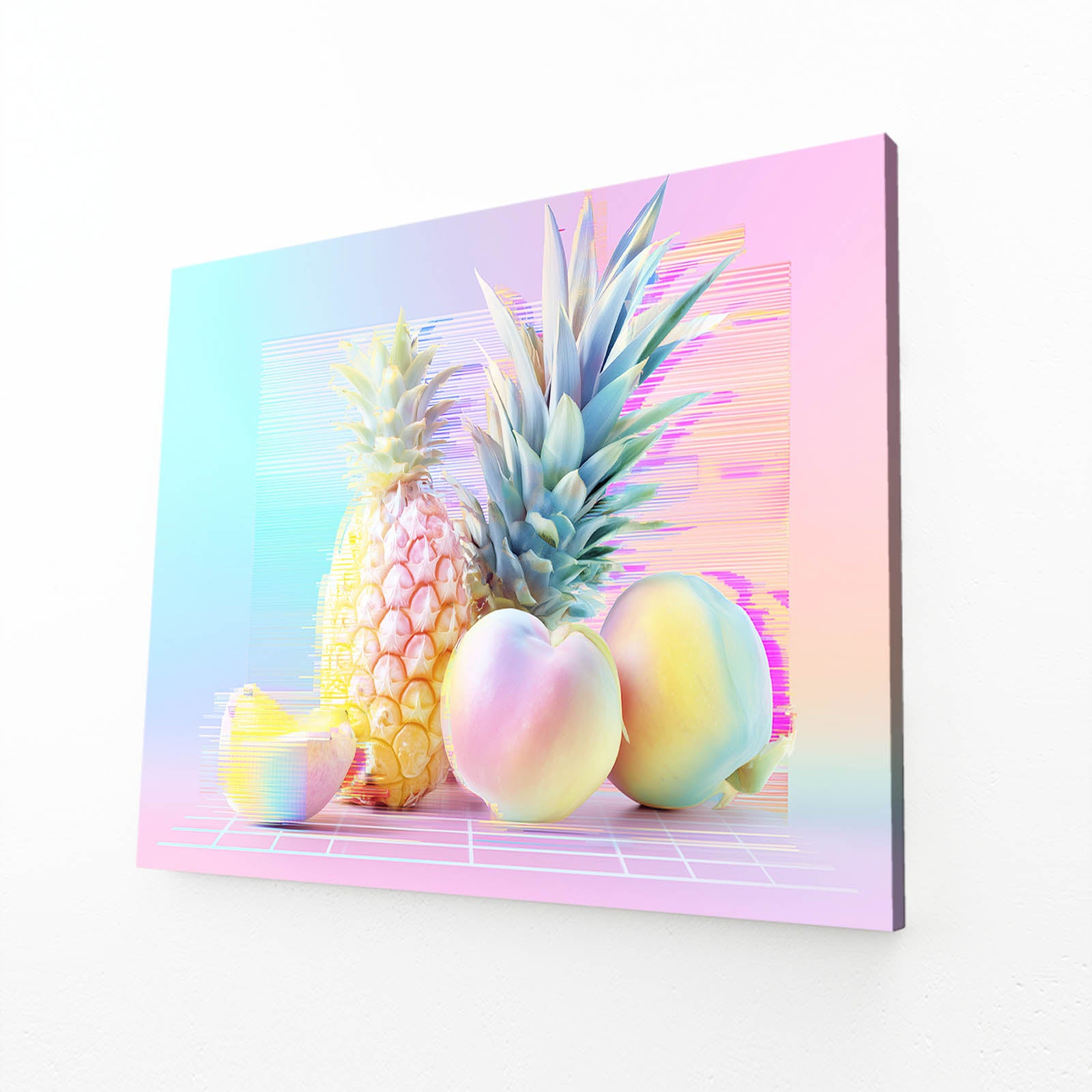 Pastel Glitch Pineapple Fruit Canvas Art – angled canvas view on white background